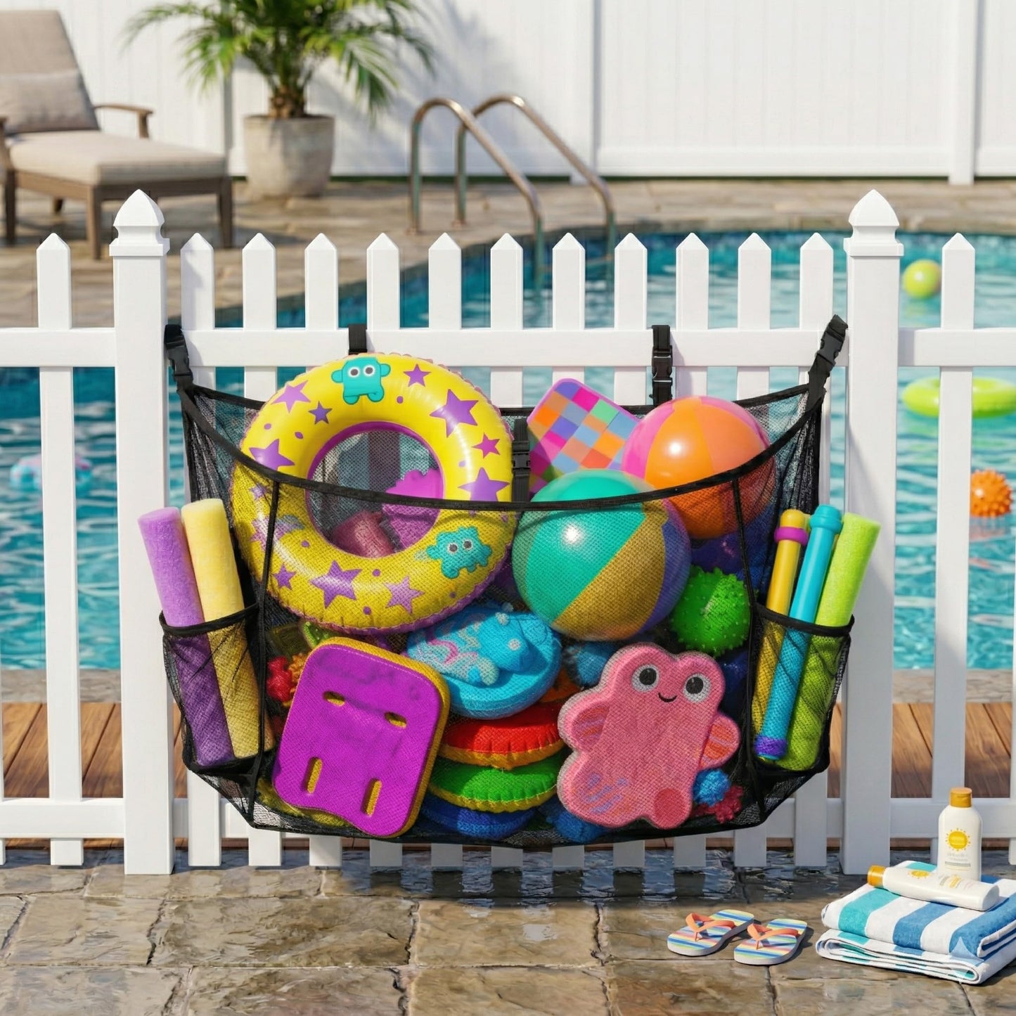 Nigelia Extra Large Hanging Pool Float Storage Net Bag, Elastic Mesh Pool Float Holder Storage Rack with 5 Buckle Webbing, Poolside Organizer for Floats, Balls, Water Inflatable Toys Rafts