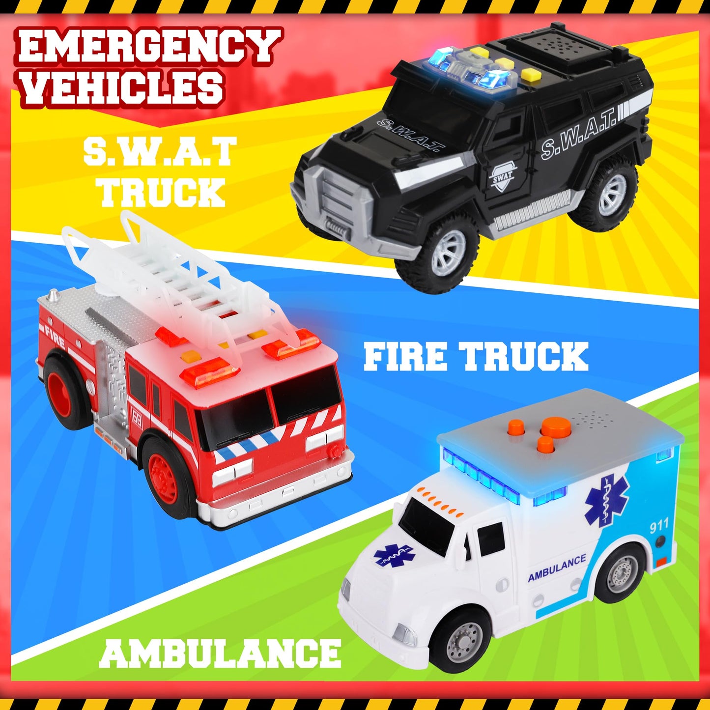 Playkidiz Toy Cars for Toddlers - 6Pcs Pull Back Cars Toys with Light and Sounds, City and emergency vehicles set, Including Police Car, Fire Truck, Ambulance, School bus, Tour Bus, Garbage Truck