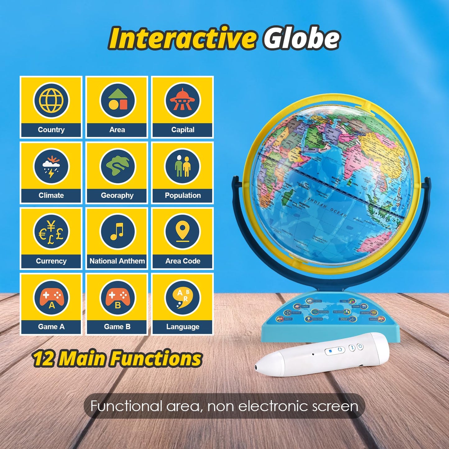 Interactive Globe for Children Ages 6-12 | Educational Toys with Smart Pen, 300+ Geography Quiz Games | Learning Earth World Globe for Kids Ages 6+ Classroom, Home, Birthday Gift Idea