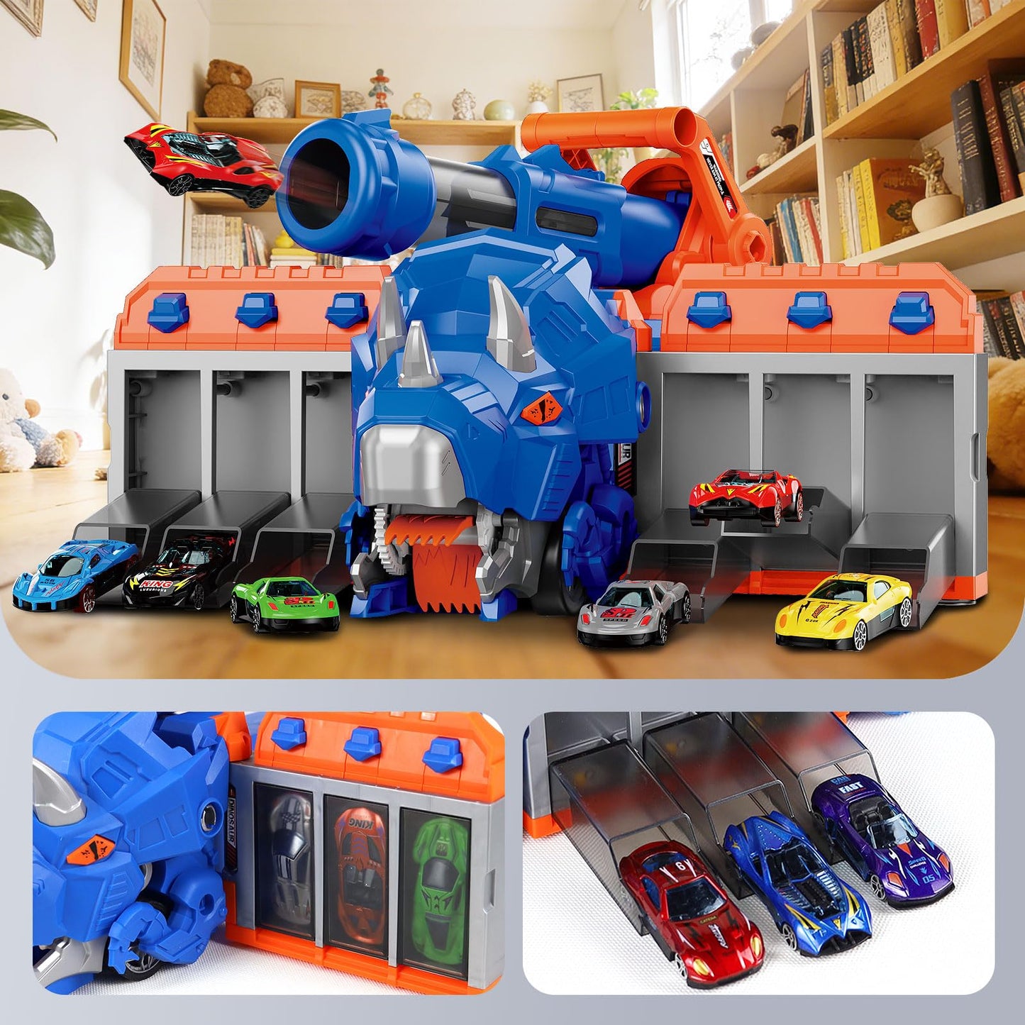 Dinosaur Truck Toys for Kids 3-12, Triceratops Car Playset with Ejection Shooting Game, Foldable Dino Truck Car Toy with 10 Mini Car, 12 EVA Soccer Ball, Storage Bay, Birthday Gift for Boys Girls