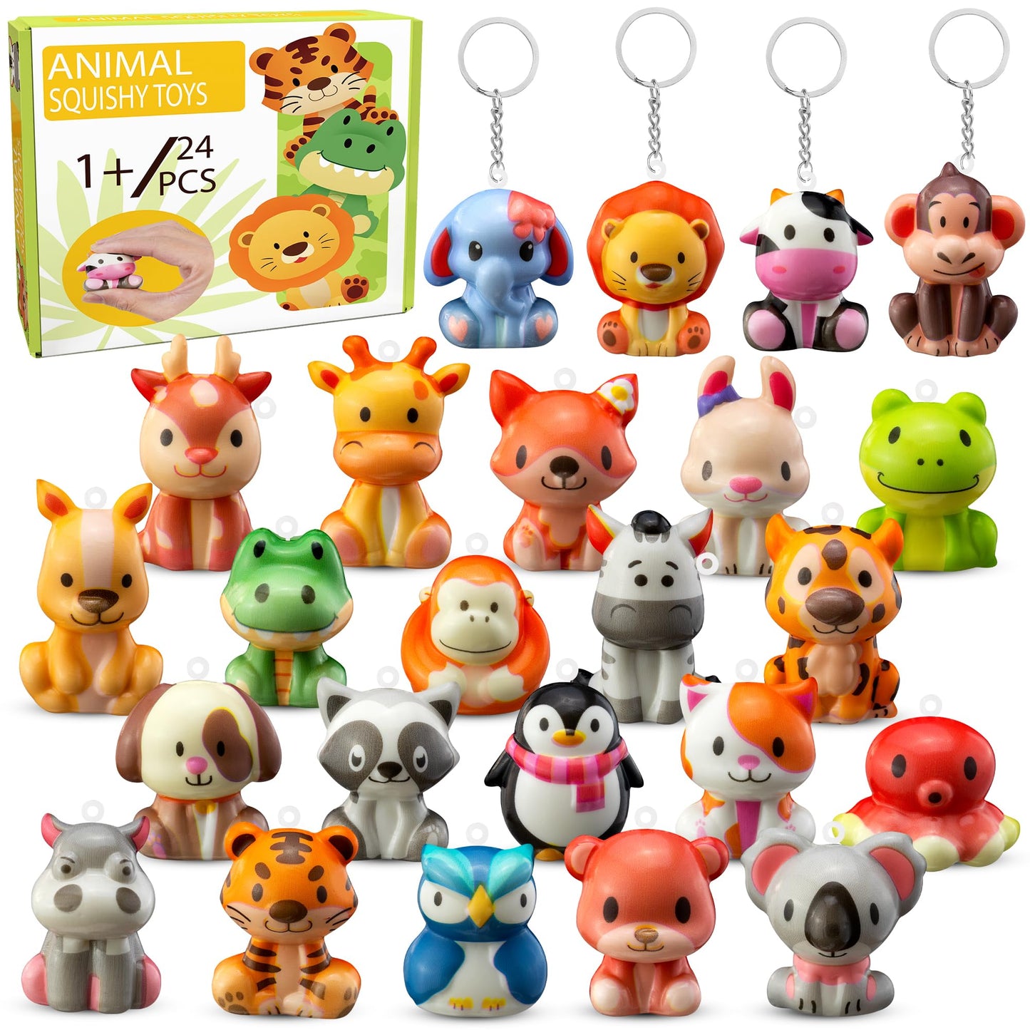 DMIGHT Party Favors for Kids 24PCS Safari Animal Cute Squishy Keychains Toys,Goodie Bag Stuffers, Pinata Stuffers,Birthday Gifts for Boys & Girls,Treasure Chest Prizes,Classroom Prizes for Kids