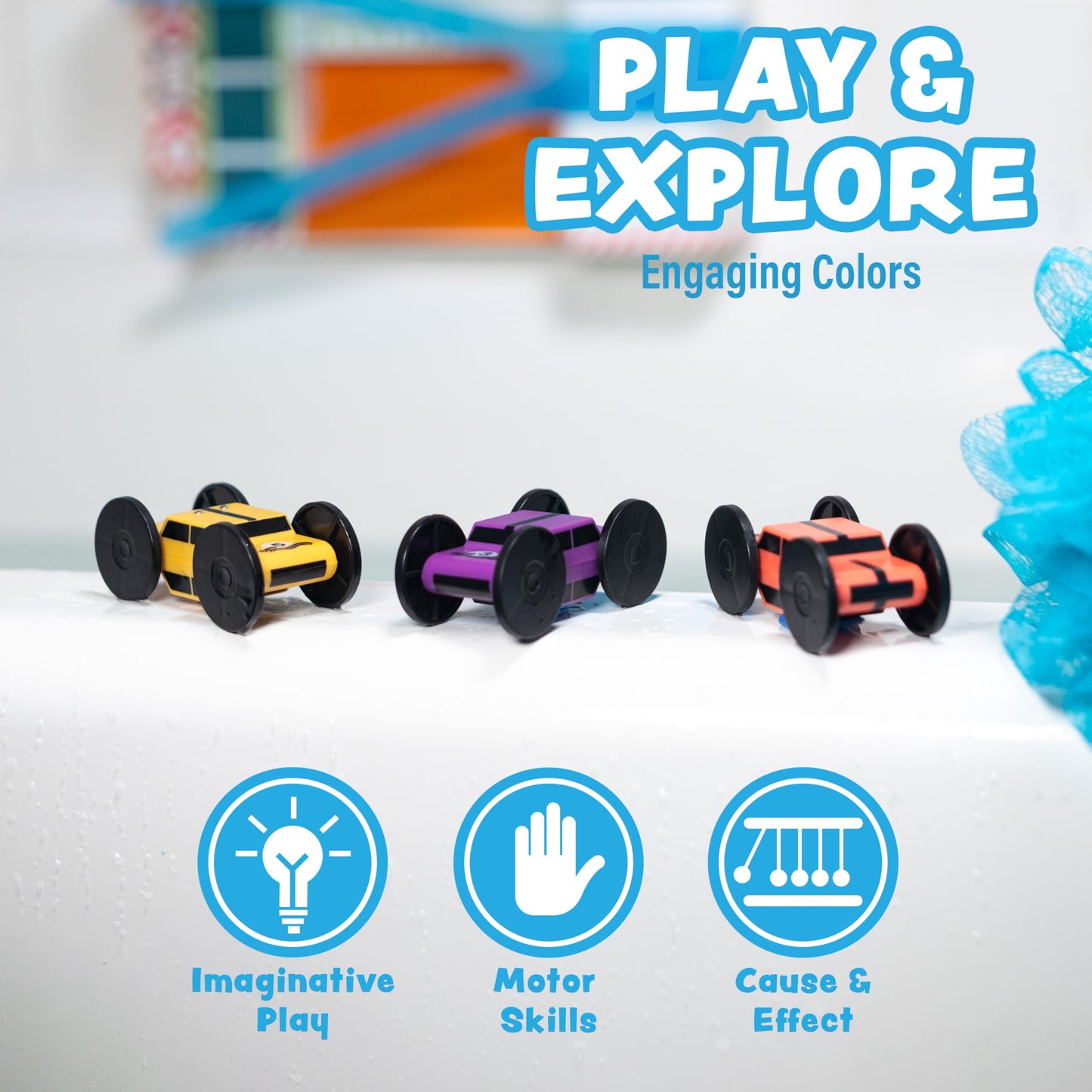 Tub Works® Splash Wheels™ Race Car Light Up Bath Toys, 3 Pack | Water-Activated Light Up Toys Flash & Change Color | Expansion Bath Cars for Bathtime Raceway Car Ramp | Fun Toddler & Kids Bath Toys