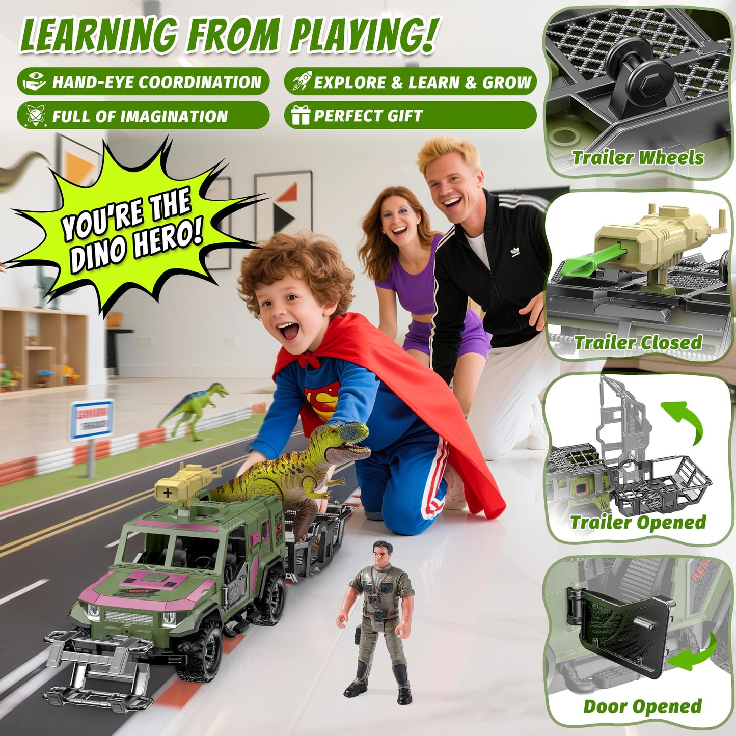 EKU Dinosaur Toys Rescue Truck with Human, 10 Realistic Sounds, 15ft Launch, Clamp, Chomping T-Rex Dinosaur for Jurassic World Role Play Transport Adventure Playset for Kids 3+