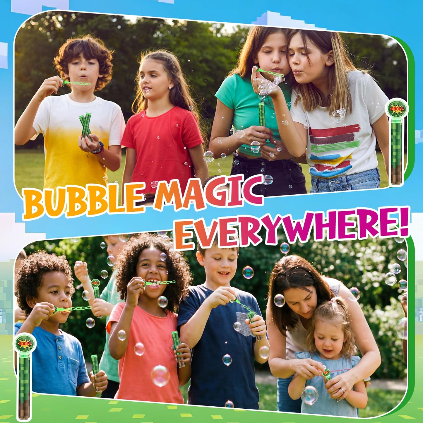 24 Pack Pixel Bubble Wands Bulk for Kids - Themed Birthday Party Favor with Green & Brown Pixel Mini Bubbles, Goodie Bag Stuffers, Classroom Prizes, Summer Outdoor Toys, Graduation Party Favors