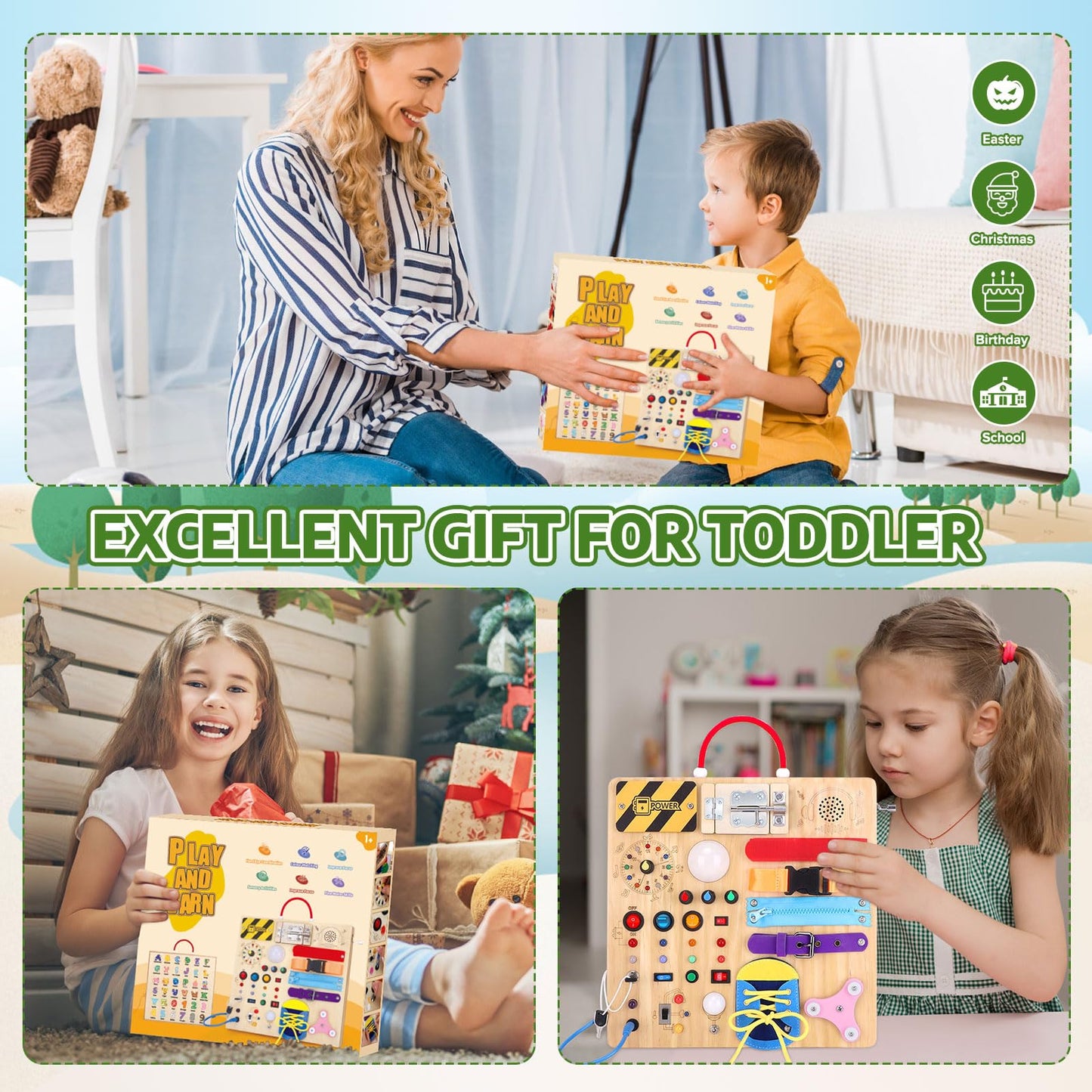 23-in-1 Montessori Busy Board with LED Lights Educational Wooden Activity Toy for Toddlers Ages 1-3, Travel Sensory Board with Switches Locks Music Box Fine Motor Skills Learning Toy for Boys Girls