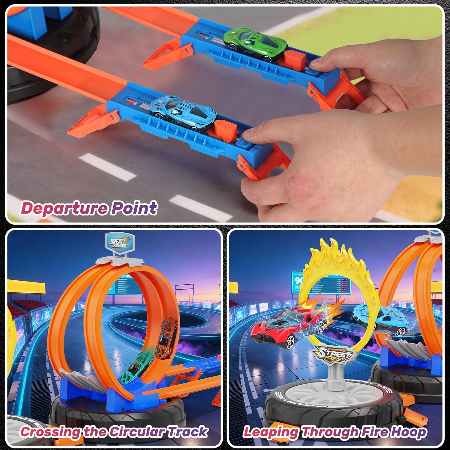 Toy Car Race Track Set for Kids Ages 4-8, Stunt Tire-Shaped Case Transforms into Race Course, 6 Cars in 1:64 Scale, 2 Ways to Play, Action Loop Cyclone Challenge & Speed Snap Track