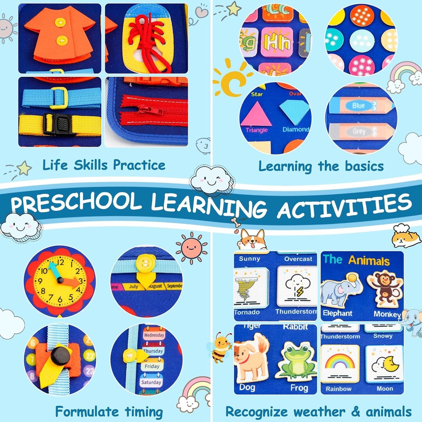 Toddler Busy Board, Montessori Toys for Boys, Sensory Board Birthday Gifts - Educational Busy Book, Learning toys for Toddlers, Preschool Learning Activities and Travel Toys for Airplane Car, Blue