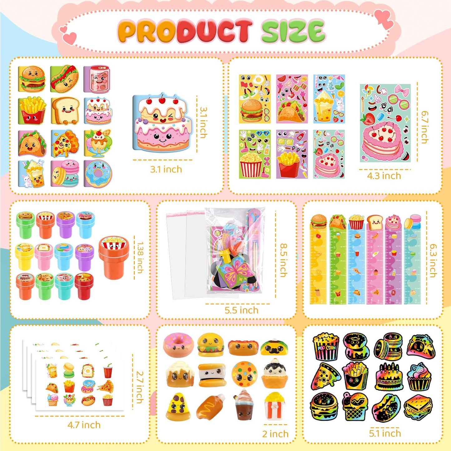 BenLouis 168 Pcs Fast Food Party Favors Snacks School Stationery Bulk for Kids Classroom Donut Birthday Gift Candy Goodie Bag Fillers Pizza Food Drink Decor Pinata Prize Activity Supplies
