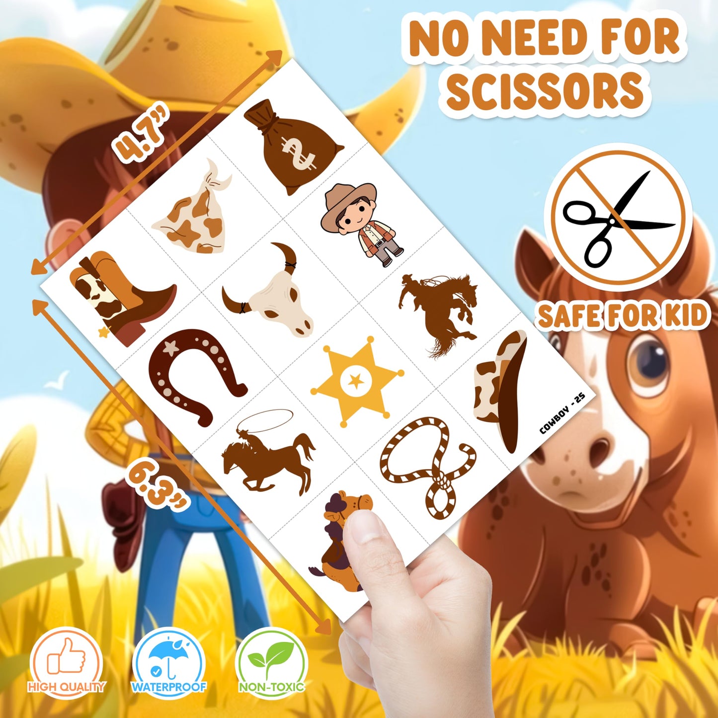 48PCS Cowboy Party Favors - 24PCS Cowboy Temporary Tattoos & 24PCS Cowboy Stick Hands - Perfect Birthday Favors, Goodie Bag Stuffers, Treasure Box Toys, Classroom Prizes, and Student Gifts