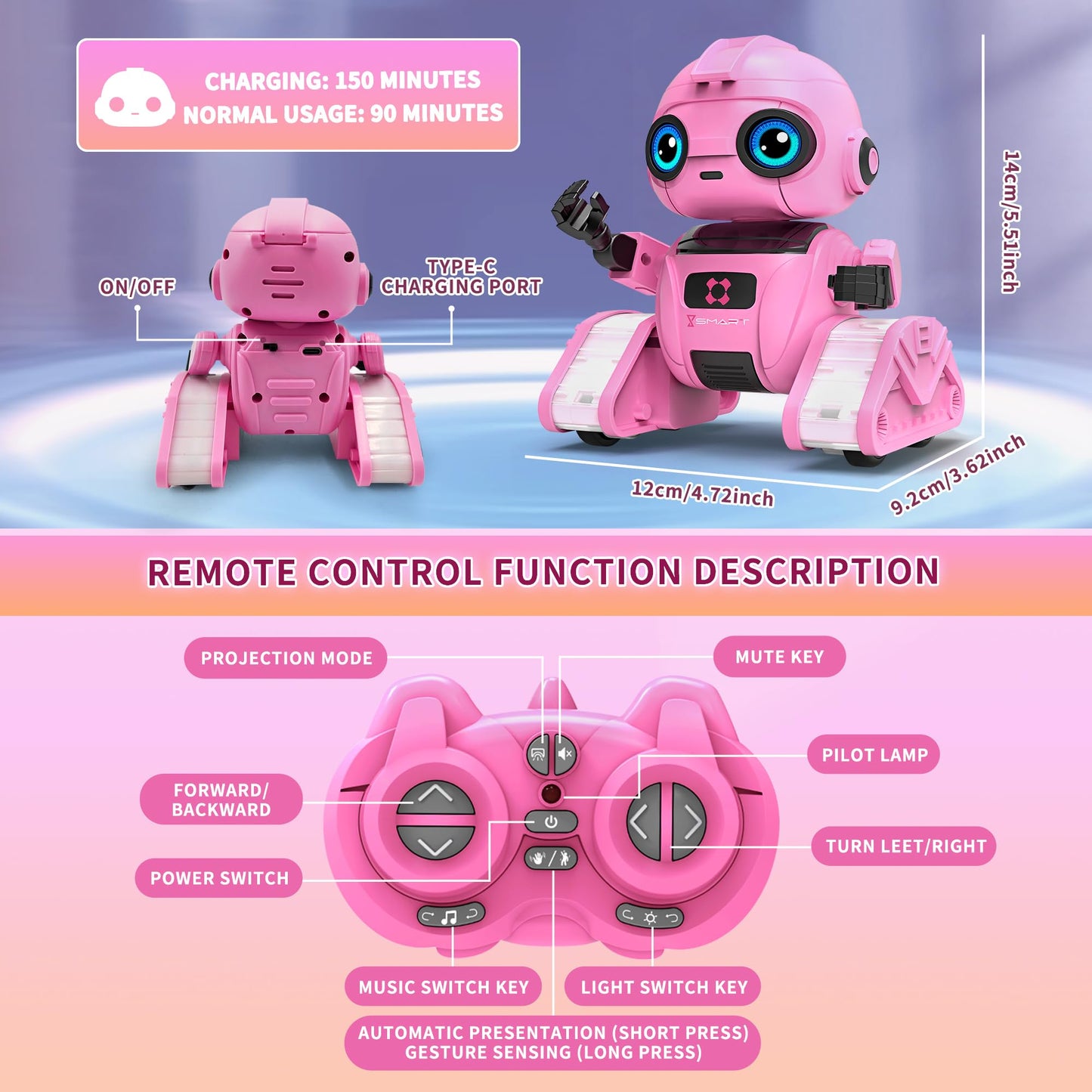 Robot Toys for Boys and Girls, Rechargeable Remote Control Robot with Auto-Demonstration, Light Projection, Dance Moves, Music, and Gesture Sensing –Toy Robot Gifts for 6+ year old Girls (Pink)