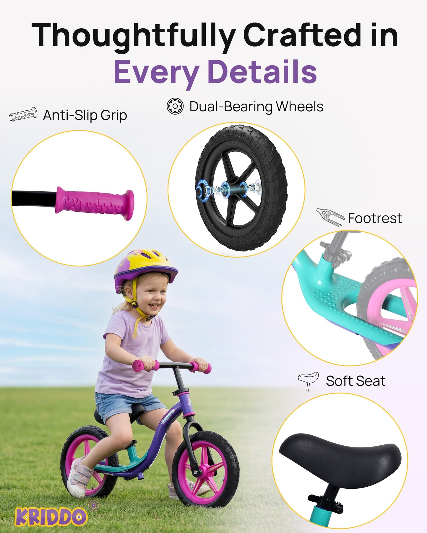 KRIDDO Toddler Balance Bike 2 Year Old, Colorful Lighting Kids Balance Bike for 2-5 Years Old, 12 Inch Balance Bicycle with Riding Buddy, Tool-Free, Adjustable Seat, Handlebar, Gift for 2-3 Girls Boys