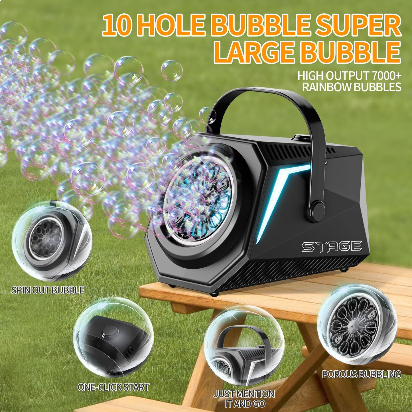 Bubble Machine with Remote 10 Hole Bubble Blower Machine with One-Click Start, Portable for Kids, Weddings, Birthday Parties, Outdoor Activities (Black)
