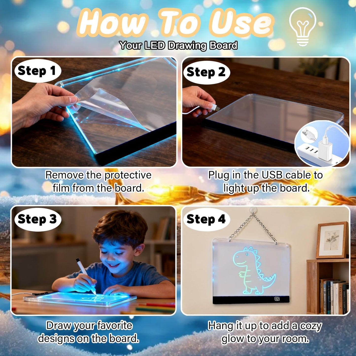 2026 LED Drawing Board with Colors, Glow Doodle Acrylic Dry Erase Board for Kids Ages 6+, 13.7"x10" Rechargeable Light Up Note Boards for Boys & Girls Drawing & Creative Play