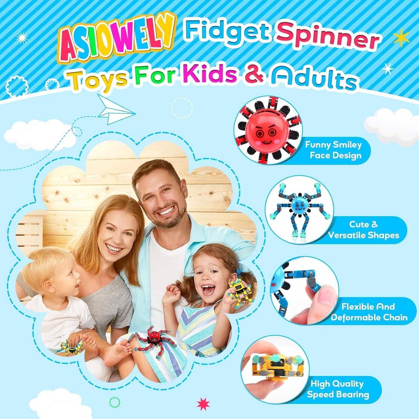 ASIOWELY Transformable Fidget Spinner Toys for Kids and Adults,4 Pcs Sensory Toy for Boys Girl ADHD Stress Relief Toys,Fingertip Gyros Travel Toy Party Favors for Teens Birthdays Gifts Easter Present