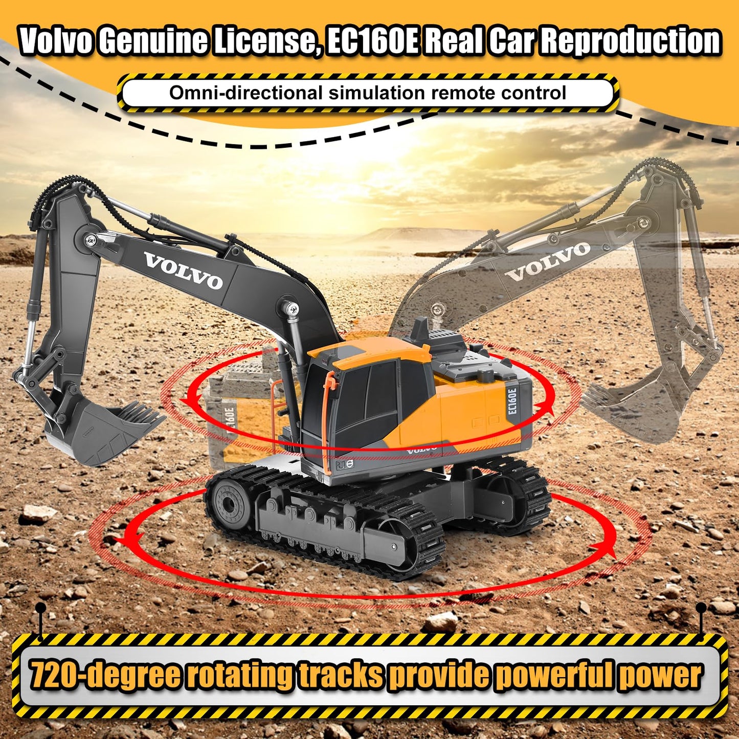 Double E Volvo Remote Control Excavator Toy, RC Construction Vehicles with 360° Spin & 330° Cab Rotation, Dig & Unload, 2.4GHz Anti-Interference for Multi-Player, Outdoor Sandbox Digger Gift for Kids