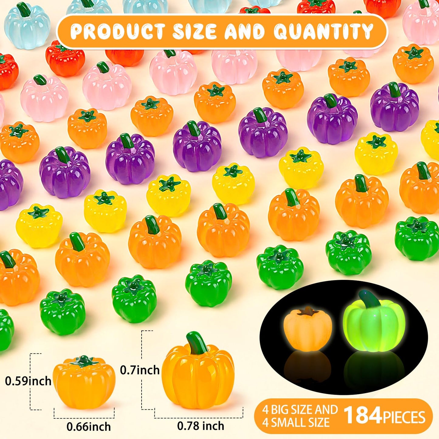 184PCS Halloween Luminous Mini Resin Pumpkins Miniature Pumpkin Figurines Glow in Dark Tiny Pumpkins Bulk for Thanksgiving Fall Halloween Party Cupcake Decor Craft DIY (Size Mixed)