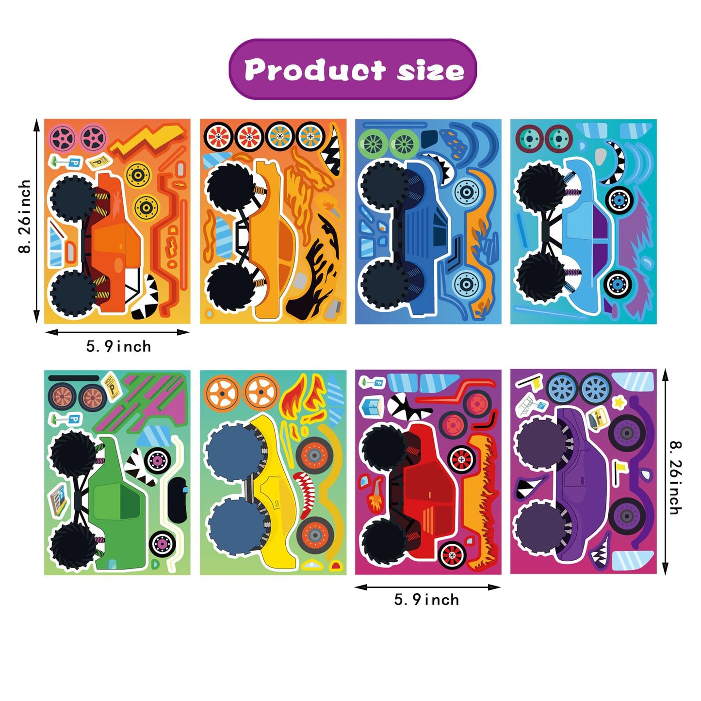 24 Sheets Monster Truck Sticker, Monster Truck Party Favor, Make Your Own Stickers Cartoon Car Make-a-face Stickers Classroom Activities Birthday Gift for Girls Boys