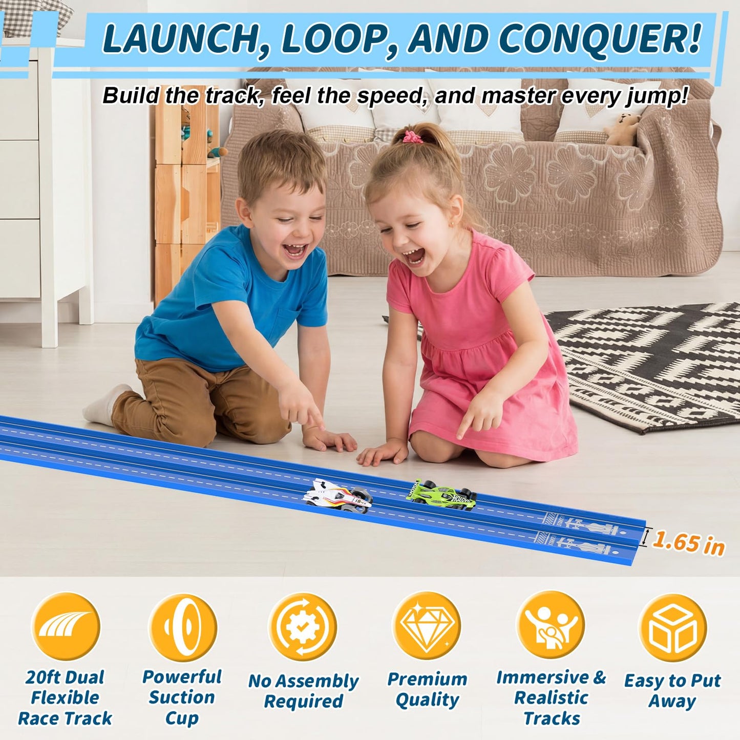 20Ft Flexible Race Track, Slot Car Race Track Set for Kids Ages 3+, Dual Racing Game 2 High-Speed Cars 1/64 Scale, w/8 Suction Cups, 4 Alloy Cars– Ideal Easter Birthday Gift for Boys & Girls (Blue)