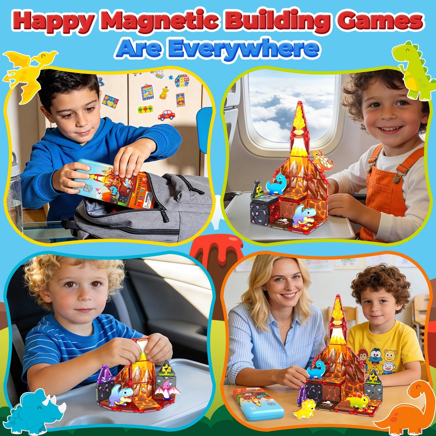 36PCS Mini Magnetic Tiles Dinosaur Kids Toys with Case - Toddler Travel Essentials Outdoor Set, Magnetic Blocks Montessori Preschool Sensory Building Toys for 3 4 5 Year Old Boys Girls Gifts