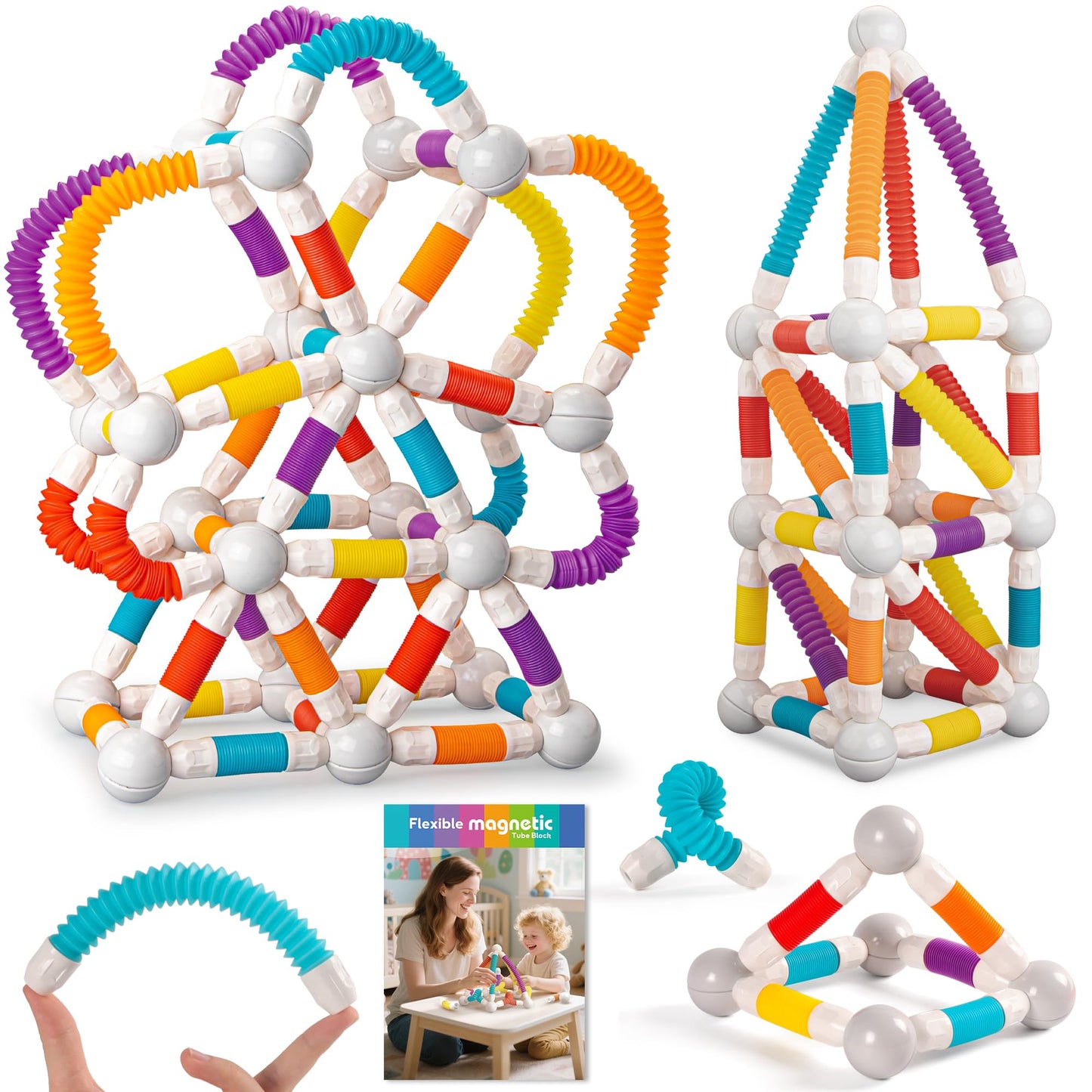 ROUSKY Magnetic Building Blocks Construction Set, 66 Pieces, Educational STEM Toy with Flexible Tubes and Connectors (66PCS)