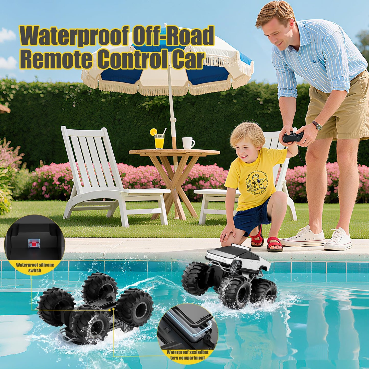 Remote Control Car, 1:18 Amphibious RC Cars, 4WD All Terrain Off-Road Pickup, 2.4GHz Waterproof Cyber Truck, 360° Rotatable Monster Truck Toys for Boys Christmas Birthday Gifts Age 6 7 8 9 10-13+