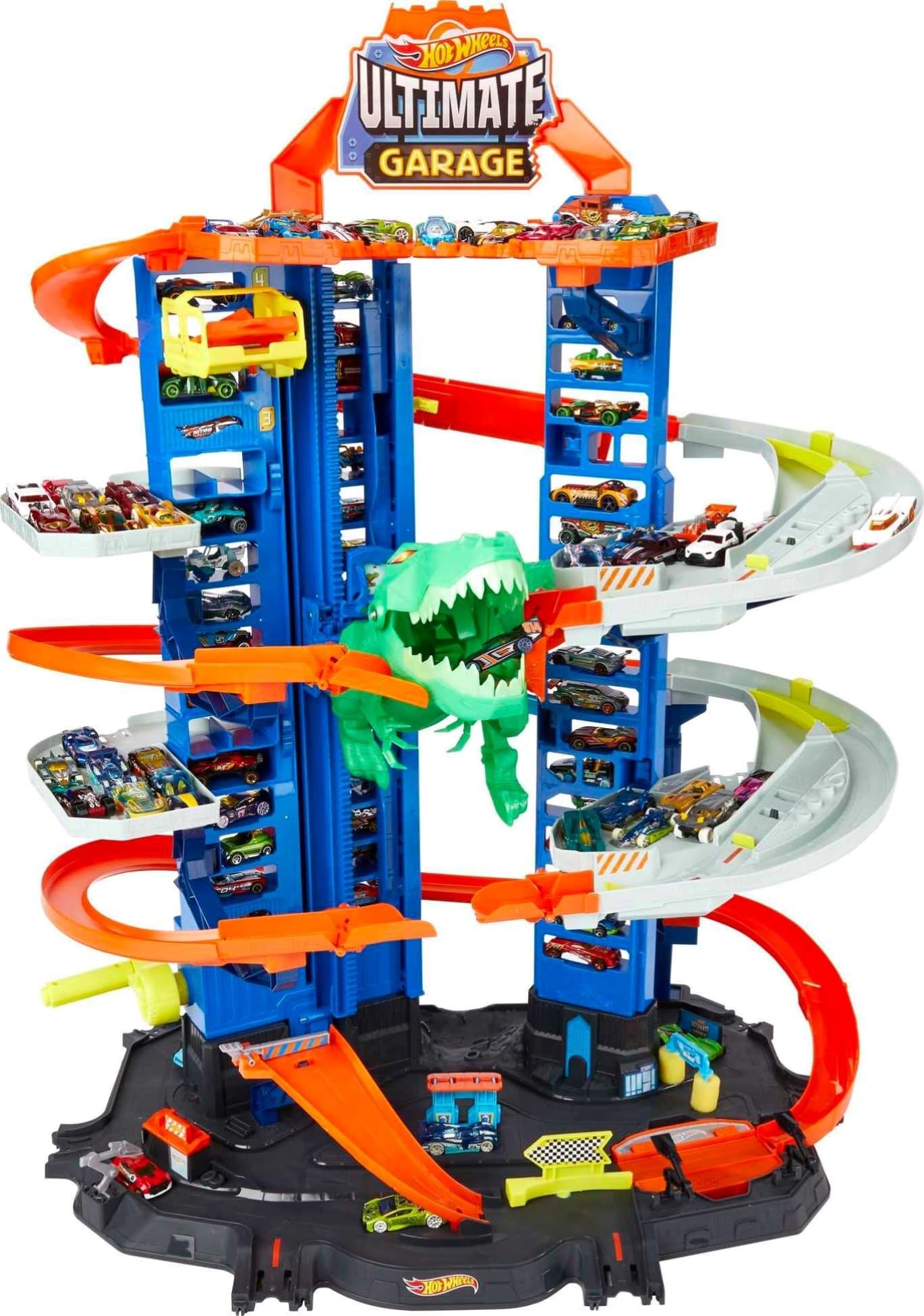 Hot Wheels City Robo T-Rex Ultimate Garage Multi-Level Multi-Play Mode Stores 100 Plus 1:64 Scale Cars Gift idea for Kids 3 and Older (Amazon Exclusive)