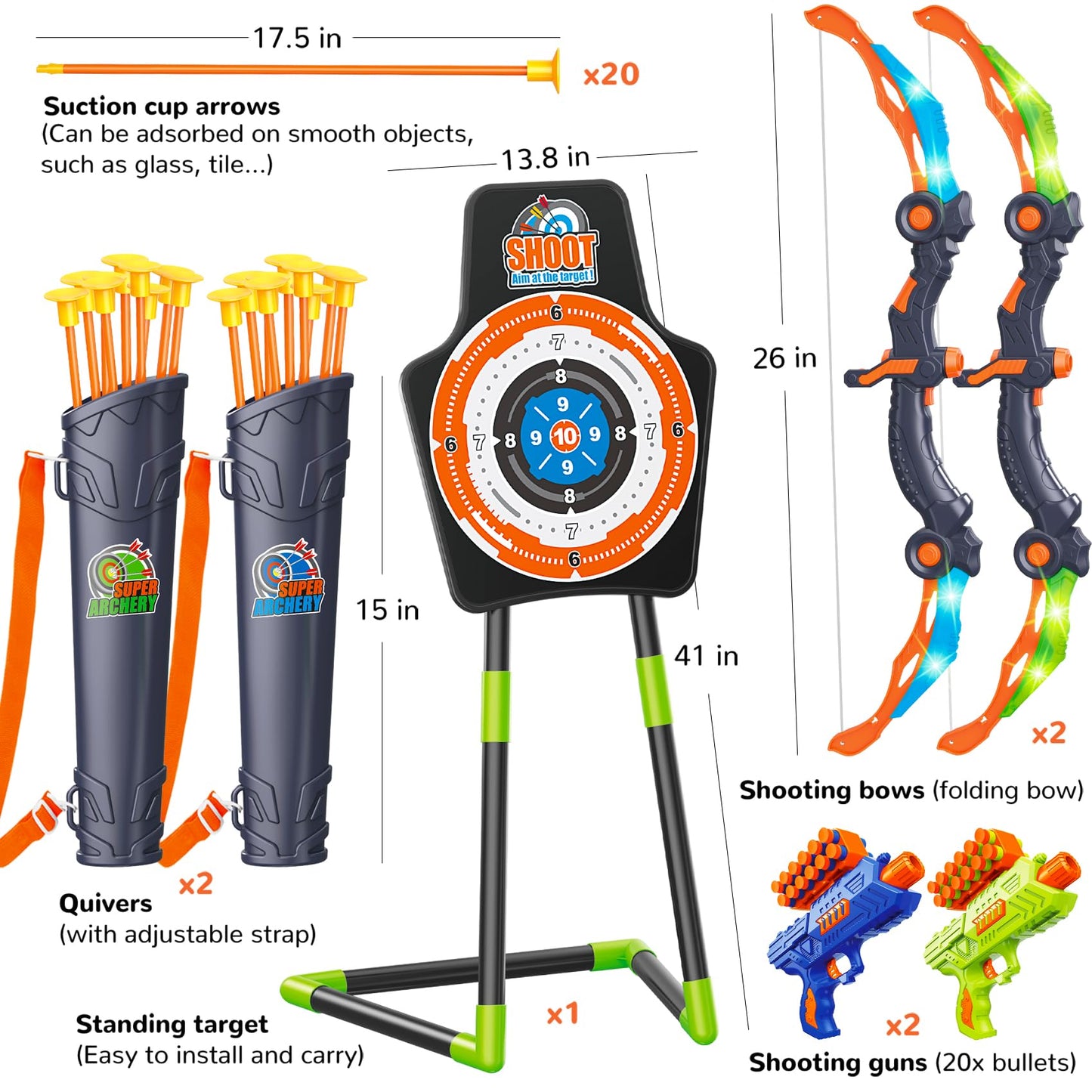 GMAOPHY 2 Pack Bow and Arrow Toy for 5 6 7 8 9 10 11 12 Year Old Boys, Birthday for Kids, Indoor Outdoor Sport Games Toys for Ages 4-8 8-12, LED Light Up Archery Set with 20 Suction Cup Arrows