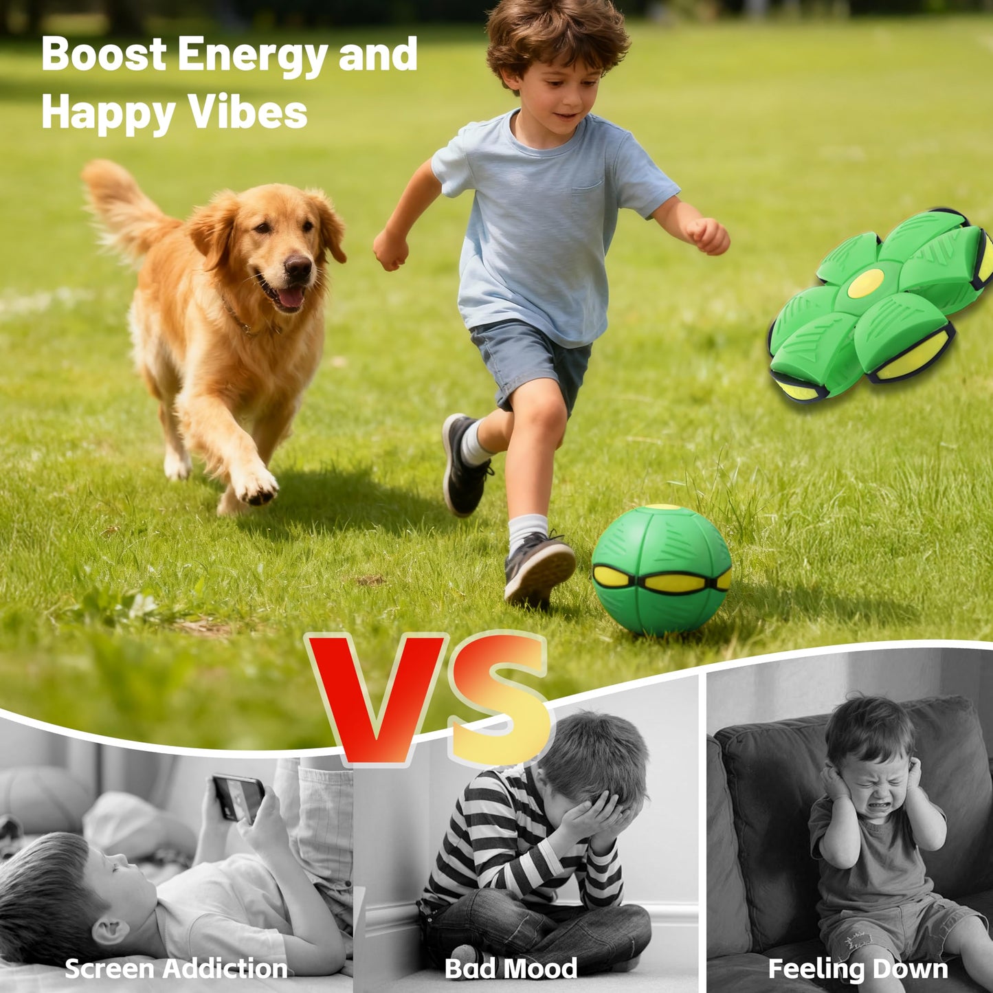 Magic Metaball, Children's Bouncing Ball, 2PCS Magic Flying Saucer Interactive Pop-Up Transform Toy, Parent-Child Interaction Blue and Green Bouncy Ball, Delay Frisbee Flying Disc Toy with 6 Light