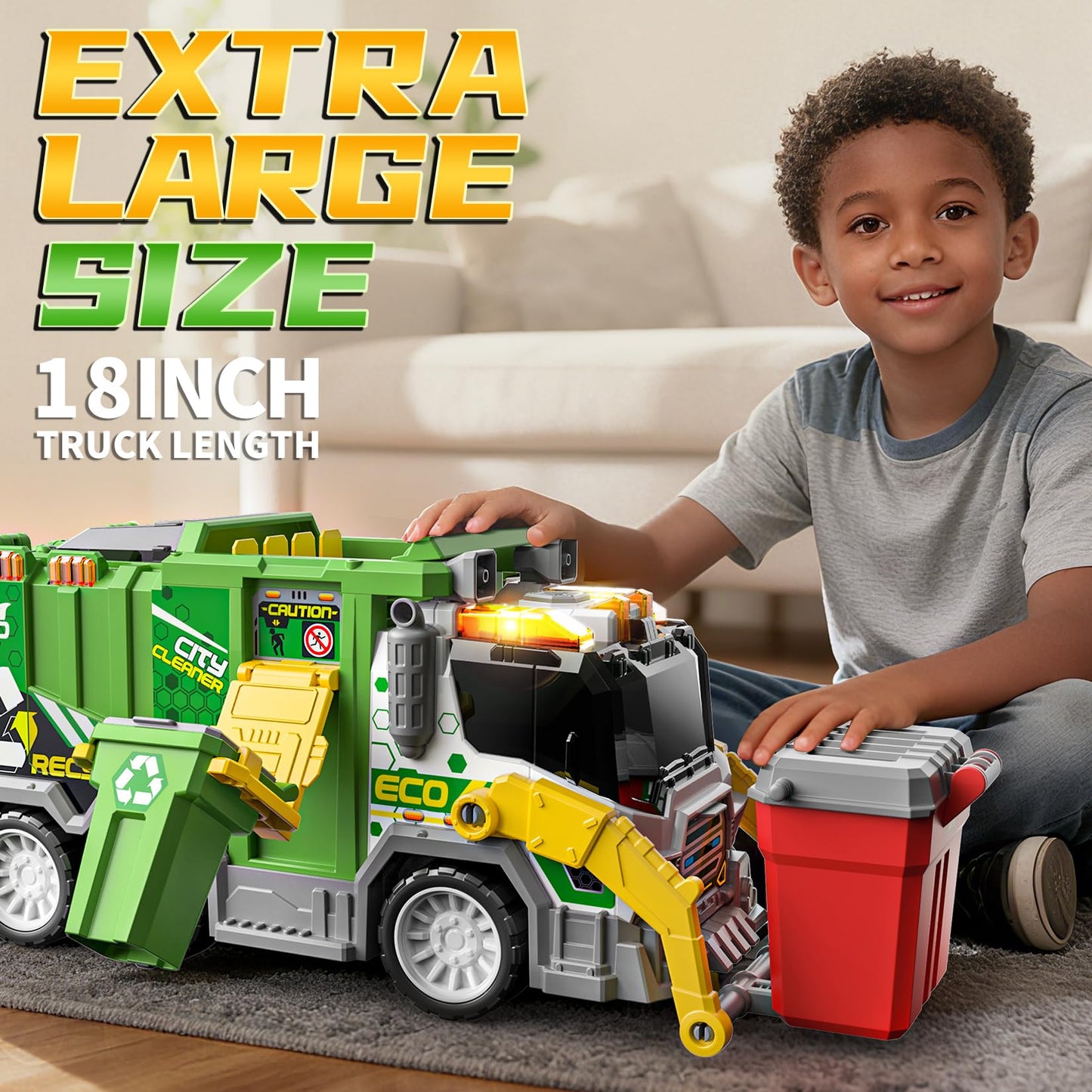 BLUEYAK Large Friction Powered Garbage Truck Toy Set with Light & Sound - ECO City Cleaner with Recycle Dumpster, 4 Color-Coded Trash Bins & 2 Ejection Cars, Ideal Birthdays for Toddlers Boys Girls