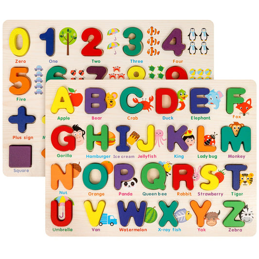 Attmu Wooden Puzzles for Toddlers, 2 Pcs Alphabet Puzzle ABC Shape Number Puzzle Patterns, Learning Toys for Kids, Preschool Educational Activities Toddler Gift Toys for Girls Boys Christmas Easter