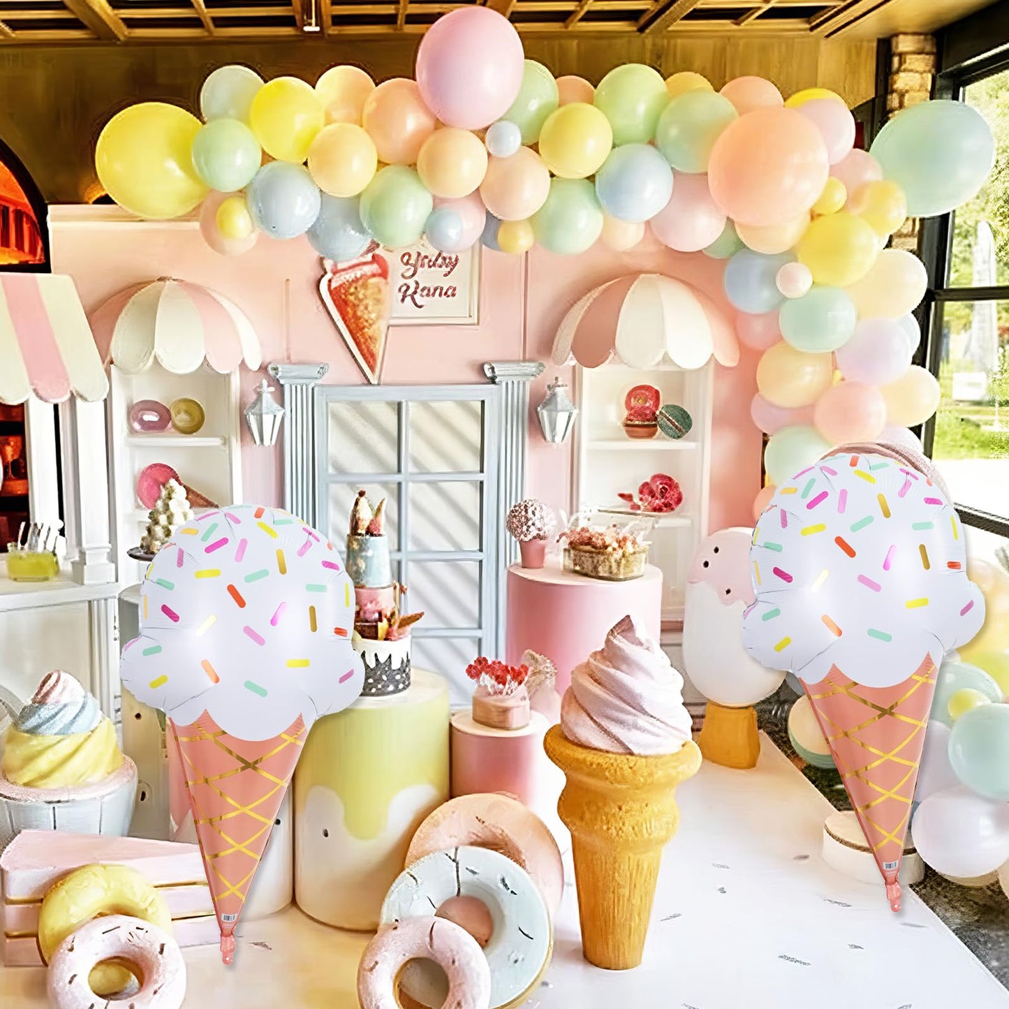 32 Inch Large Ice Cream Balloons Cone Kit, Giant Sweet Ice Cream Sprinkle Foil Balloons, Popsicle Three Scoops of Fun Social Party Decorations for Kid Girls Birthday Summer Beach Hawaii Pool Decor