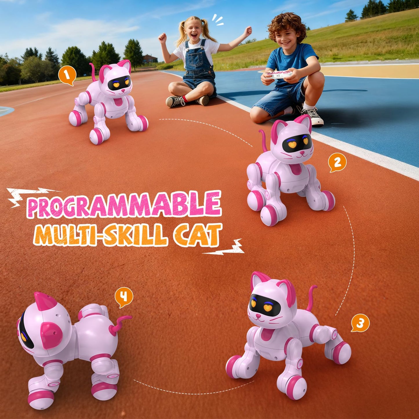 Robot Cat Toy for Kids, Interactive Robot Kitty with Touch Sensing, Remote Control Cat Robot Singing, Dancing, Walking, Sliding, Programmable Smart Pink Robotic Cat Pet for Girls