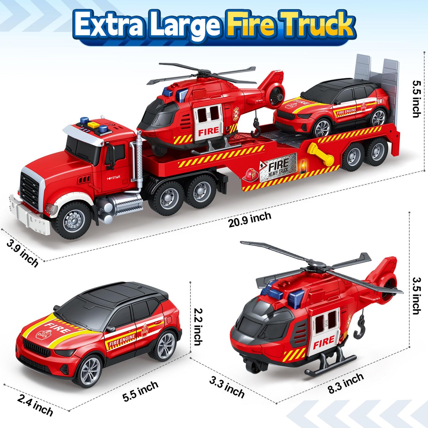 SpringFlower Extra Large Fire Truck Toys for Boys Girls with Racing Car and Helicopter, Lights, Sounds, Semi Truck Vehicle Toy for Toddlers 3 4 5 6 7, Christmas Birthday Gift