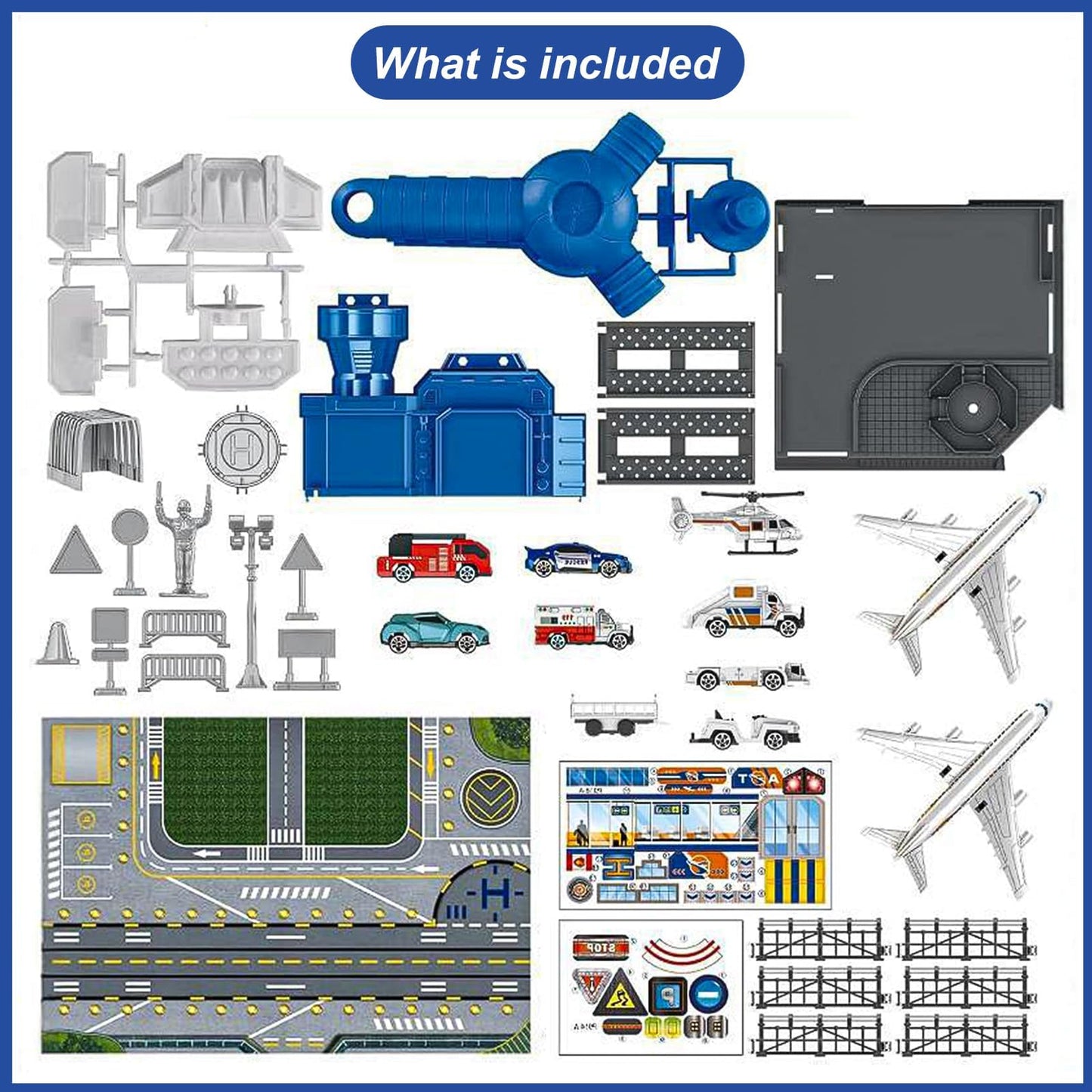 Airplane Toy Set with Trucks, Helicopter, Planes, Signs and Airport Playmat, Interactive Early Learning Toys Great Military Toys Gift for 3 4 5 6 Kids Boys Girls