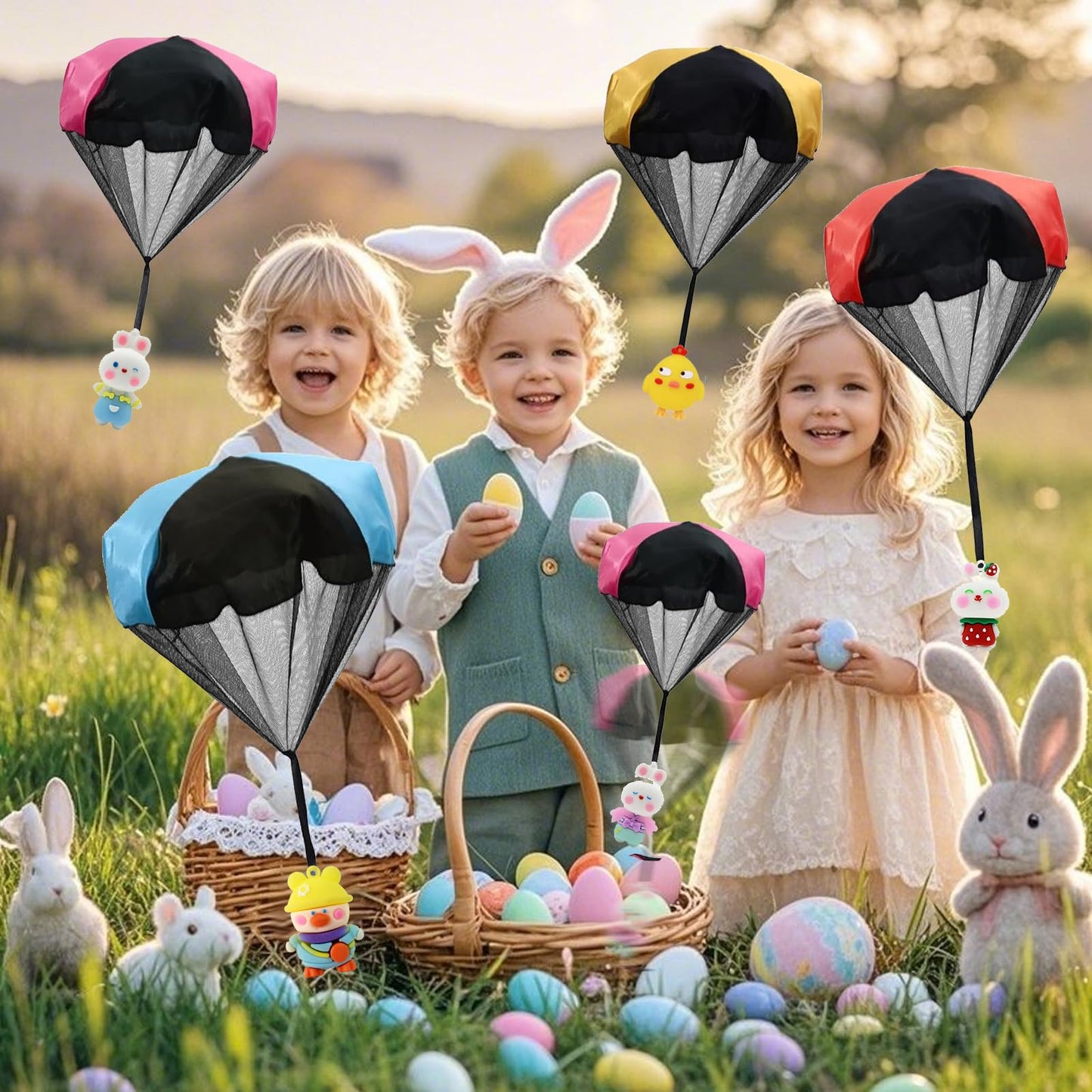 Rdogeia 8PCS Easter Parachute Toys,Easter Basket Stuffers with Hand Throw Flying Toys for Kids Boys Girls Easter Egg Fillers Ideas Gifts, Easter Party Favor