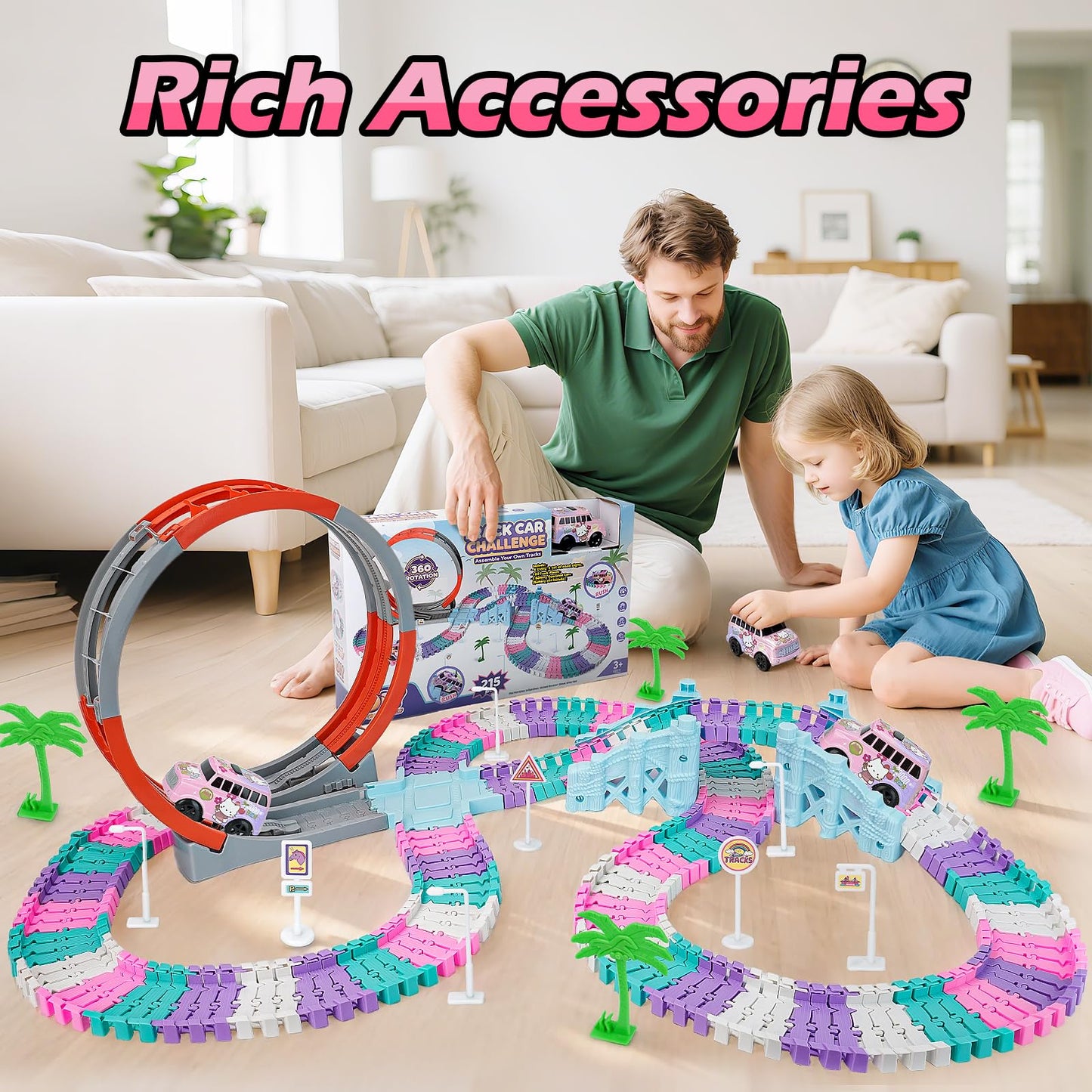 215 PCS Unicorn Race Tracks for Kids Toys, Glow in The Dark Magic Toy Set with 360° Loop Ramp, 1 Unicorn Car Track, Flexible DIY Track Set, Birthday Gift for 3-9 Year Old Boys Girls Toddlers