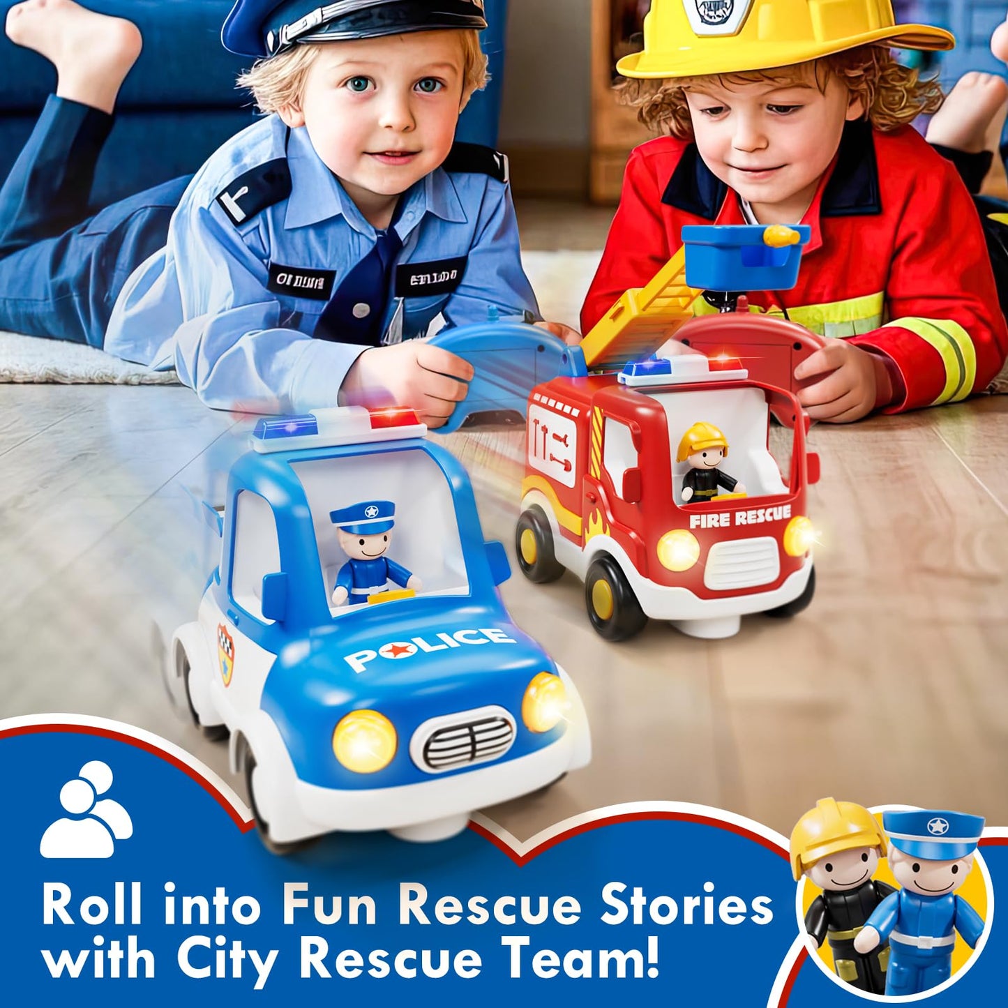 Lehoo Castle Remote Control Car for Toddlers, Fire Trucks for Toddlers 3-5, Remote Control Police Car Toy with Sounds & Lights, Toys for 3+ Year Old Boys, Gifts for 3 4 5 Year Old Boys Girls