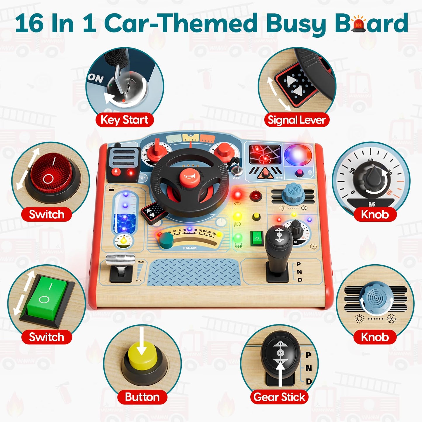 TOP BRIGHT Montessori Busy Board with LED Light, Sensory Toys with Sounds & Switches, Activity Board for Kids 3-5, Car Driving Toy for Toddler Boy, 3 Year Old Girl Boy Gifts for Birthday Christmas
