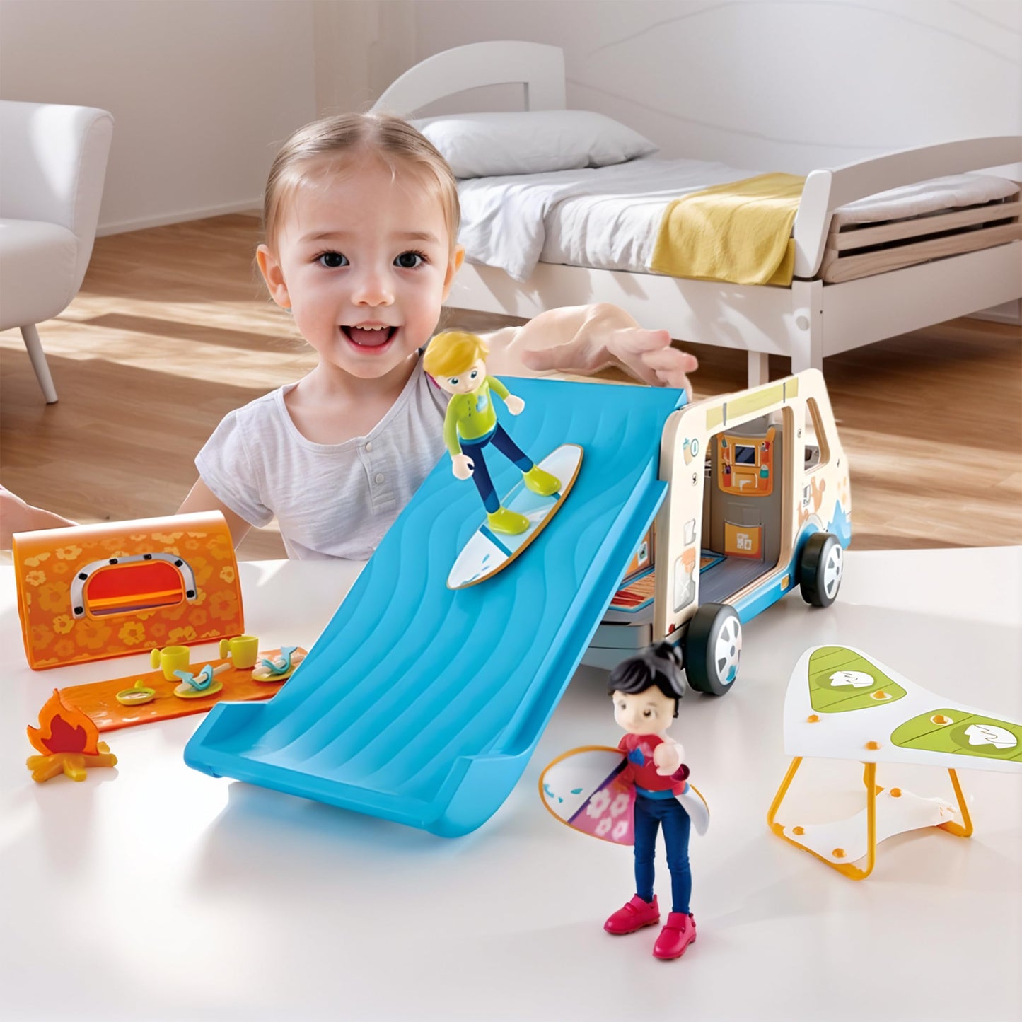 Hape Adventure Van| 23-Piece Wooden Pretend Play Camper Van Toy Set with Camping Accessories