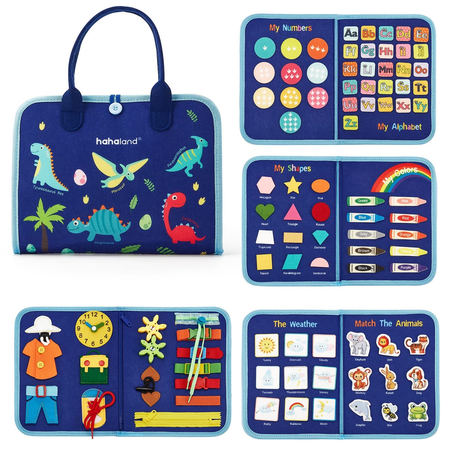hahaland Busy Board for Toddlers - Montessori Toys Preschool Learning Activities with Life Skills, Alphabet, Number, Shape, Color, Animal, Weather - Toddler Boy Learning Educational Toys, Travel Toys