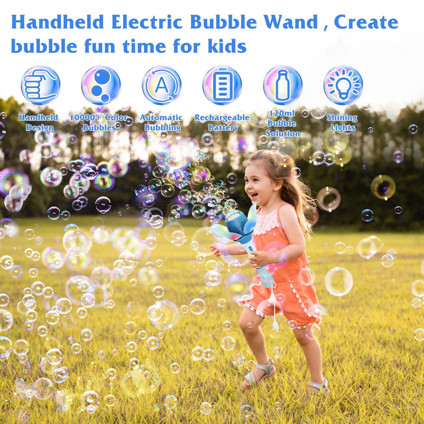 Panamalar Electric Bubble Wand for Kids, Automatic Bubble Machine 10000+ Bubbles Per Minute with Battery/Lights/120ml Solution, Light Up Flower Bubble Wand Bubble Toys for Summer Outdoor Party Wedding