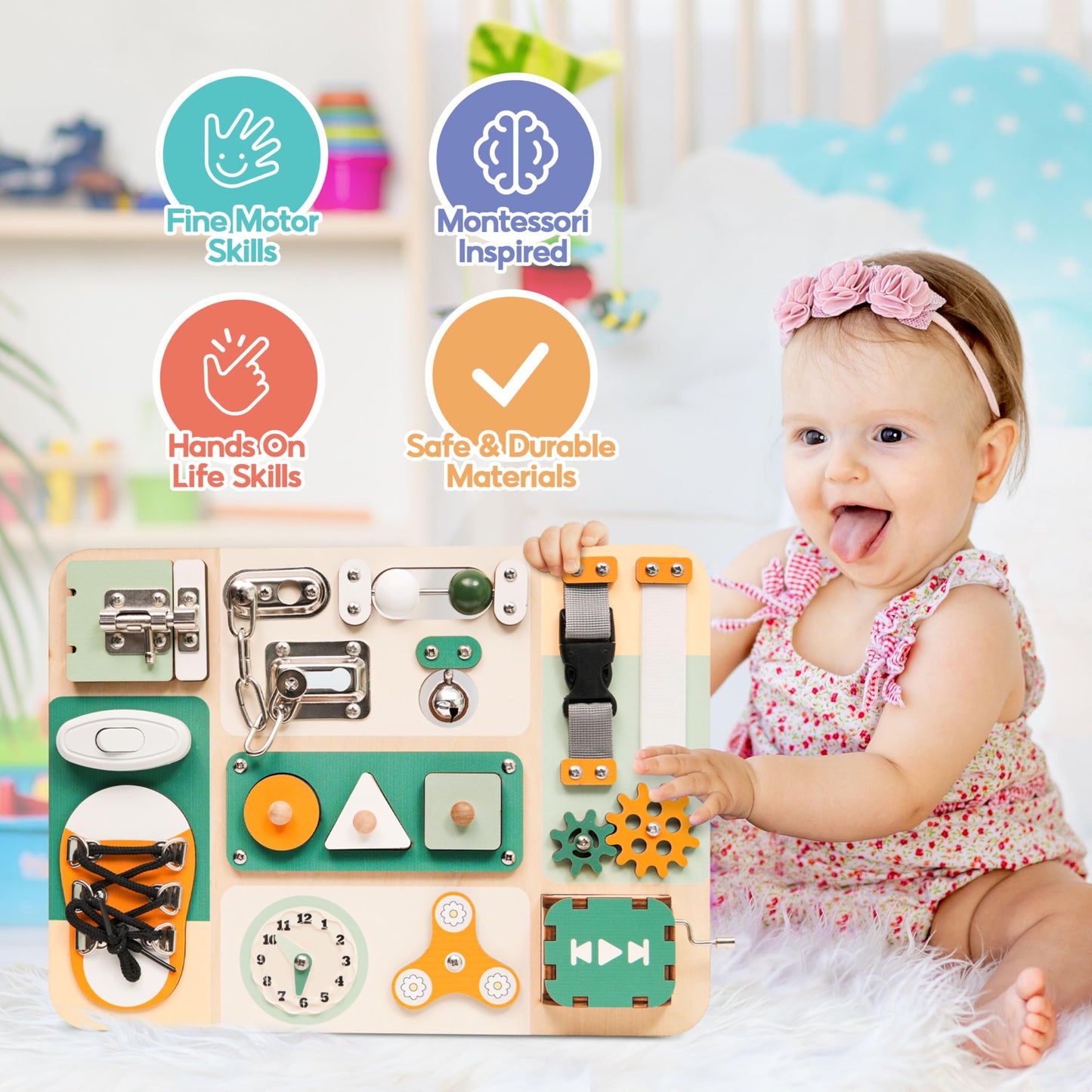 KALOTOYS Busy Board Montessori Toys for 1 2 3 Year Old - Sensory Toys for Toddlers 1-3 - Fine Motor Skills & Early Learning - Montessori Gift for Boys & Girls, Travel-Friendly & Safe