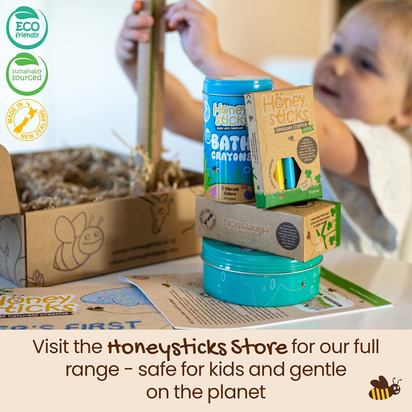 Honeysticks 100% Pure Beeswax Crayons Natural, Non Toxic, Safe for Toddlers, Kids and Children, Handmade in New Zealand, for 1 Year Plus (12 Pack with Book) Best Gift