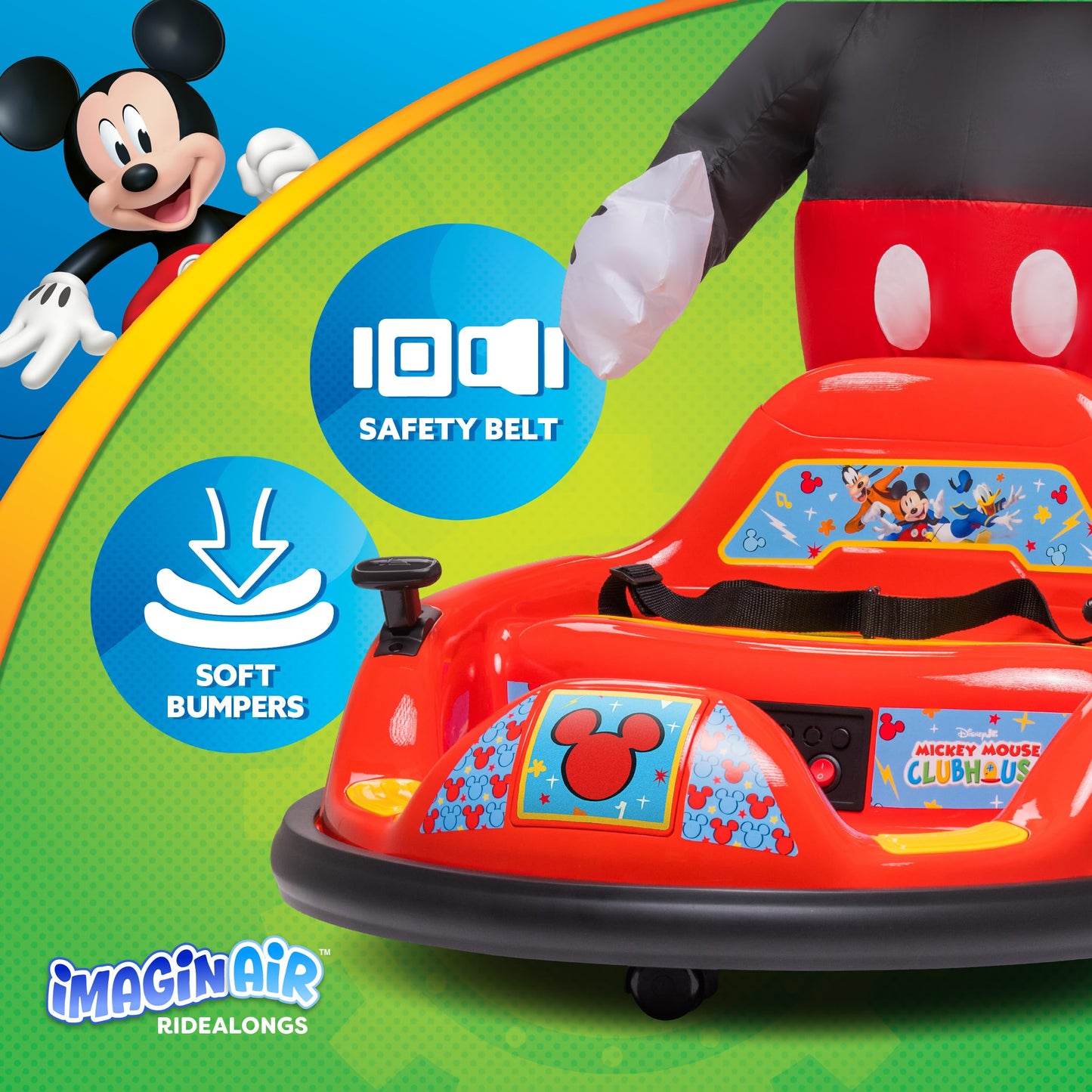 ImaginAir 6V Mickey Mouse Toys Toddler Bumper Car - Ride On Toddler Toy, Kids Electric Bumper Car, Auto-Inflated, Parent Remote Control, LED Light, 360° Spins, 1 MPH, Max Weight 66lbs, Age 1.5-4yrs