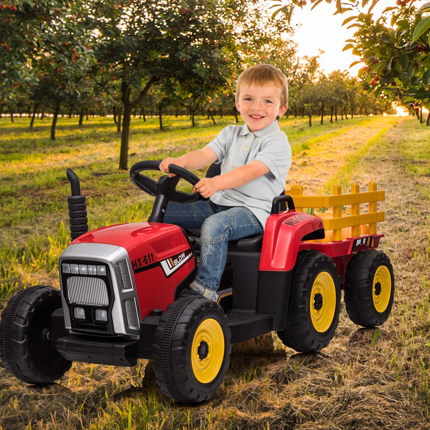 Nasitip 12V Kids Battery Powered Electric Tractor with Trailer, Toddler Ride On Car w/Remote Control/ 7-LED Headlights/ 2+1 Gear Shift/Horn/ MP3 Player/USB Port (RED, 25W/ Tread Tire)