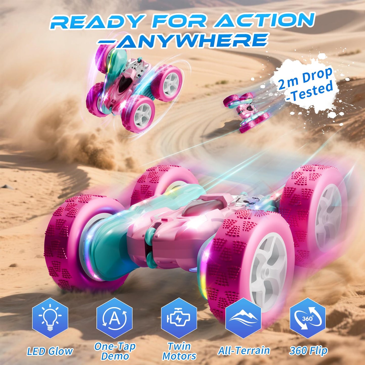 Zalneo RC Car Pink 4WD Remote Control Car 360° Flip Double‑Sided LED Light Bar & Quick‑Swap USB‑C Modular Battery, 2.4 GHz No‑Interference Popular Outdoor Beach Toy, Popular Gift for Girls Ages 6‑12