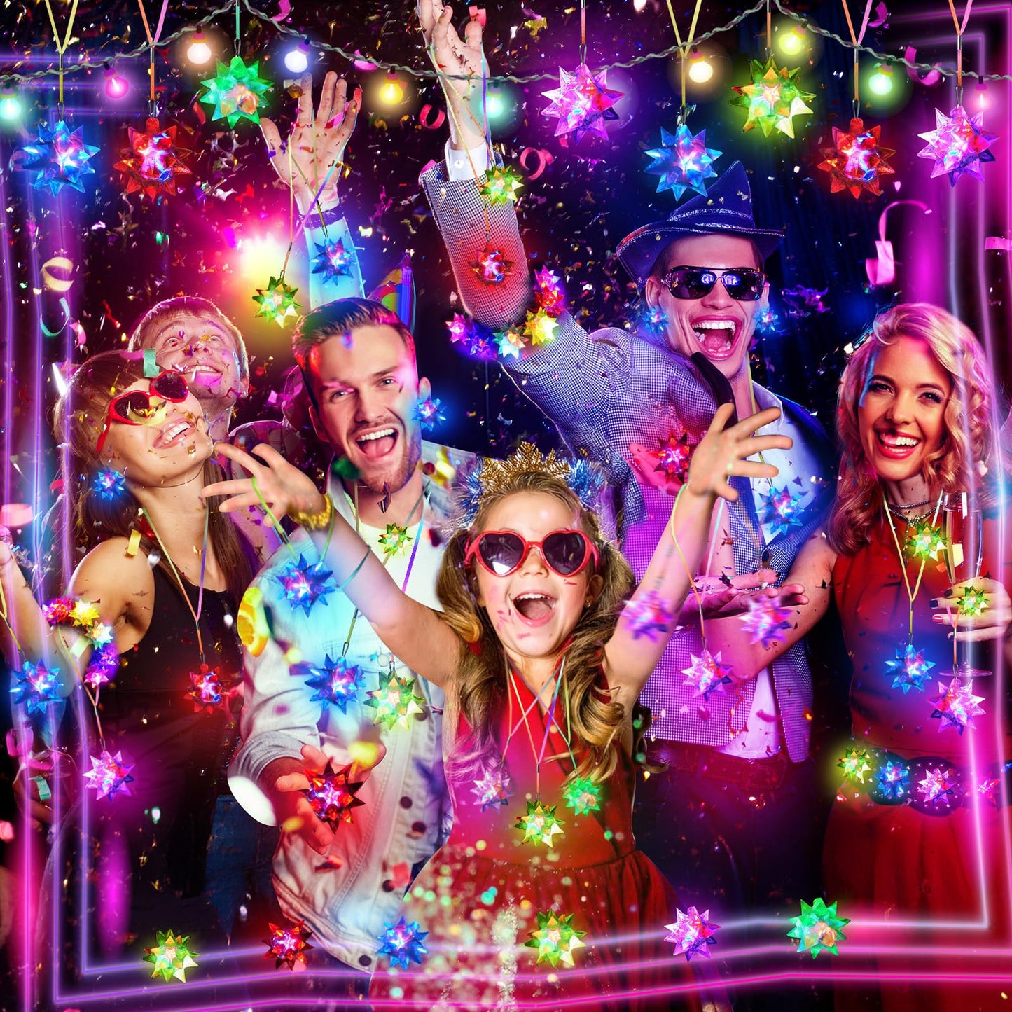 HONLYNE24 PCS Flashing Crystal Star Necklaces, Glow Necklaces Bulk Light up Party Favors, LED Glow in The Dark Necklaces for Kids Adults Birthday Glow Party Rave Halloween Goodie Bags Filler