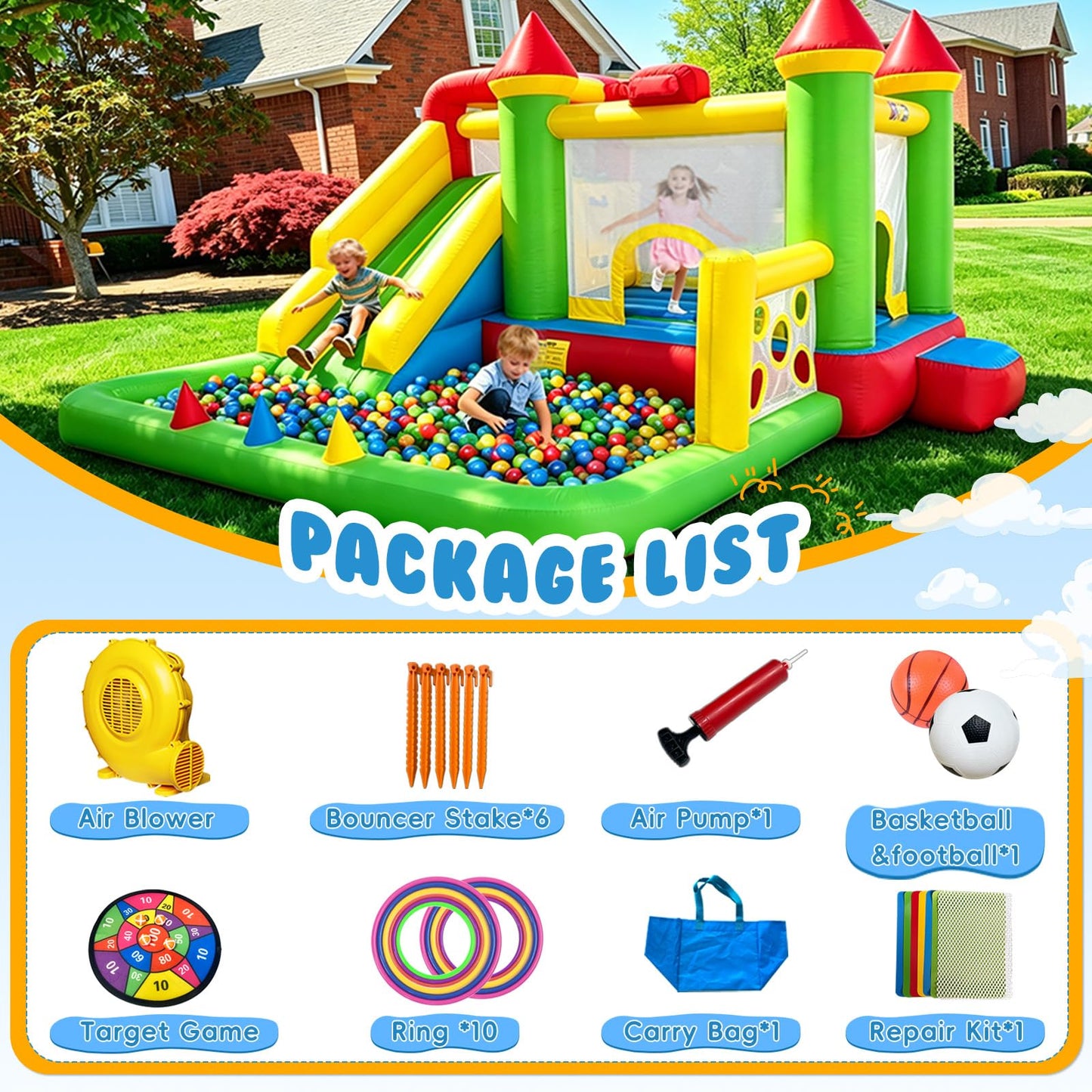 YARD Bounce House for Kids 3-6, 8-in-1 Inflatable Bouncy Castle with Slide, Blower, Ball Pit, Climb Wall, 12x13x8.5FT Jump House for Big Toddlers for Indoor & Outdoor Backyard Party Family Gathering