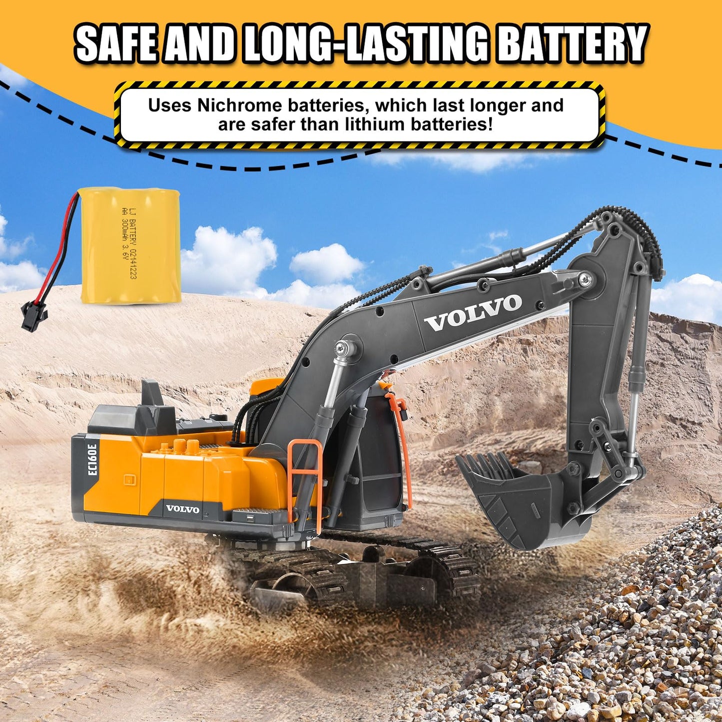 Double E Volvo Remote Control Excavator Toy, RC Construction Vehicles with 360° Spin & 330° Cab Rotation, Dig & Unload, 2.4GHz Anti-Interference for Multi-Player, Outdoor Sandbox Digger Gift for Kids