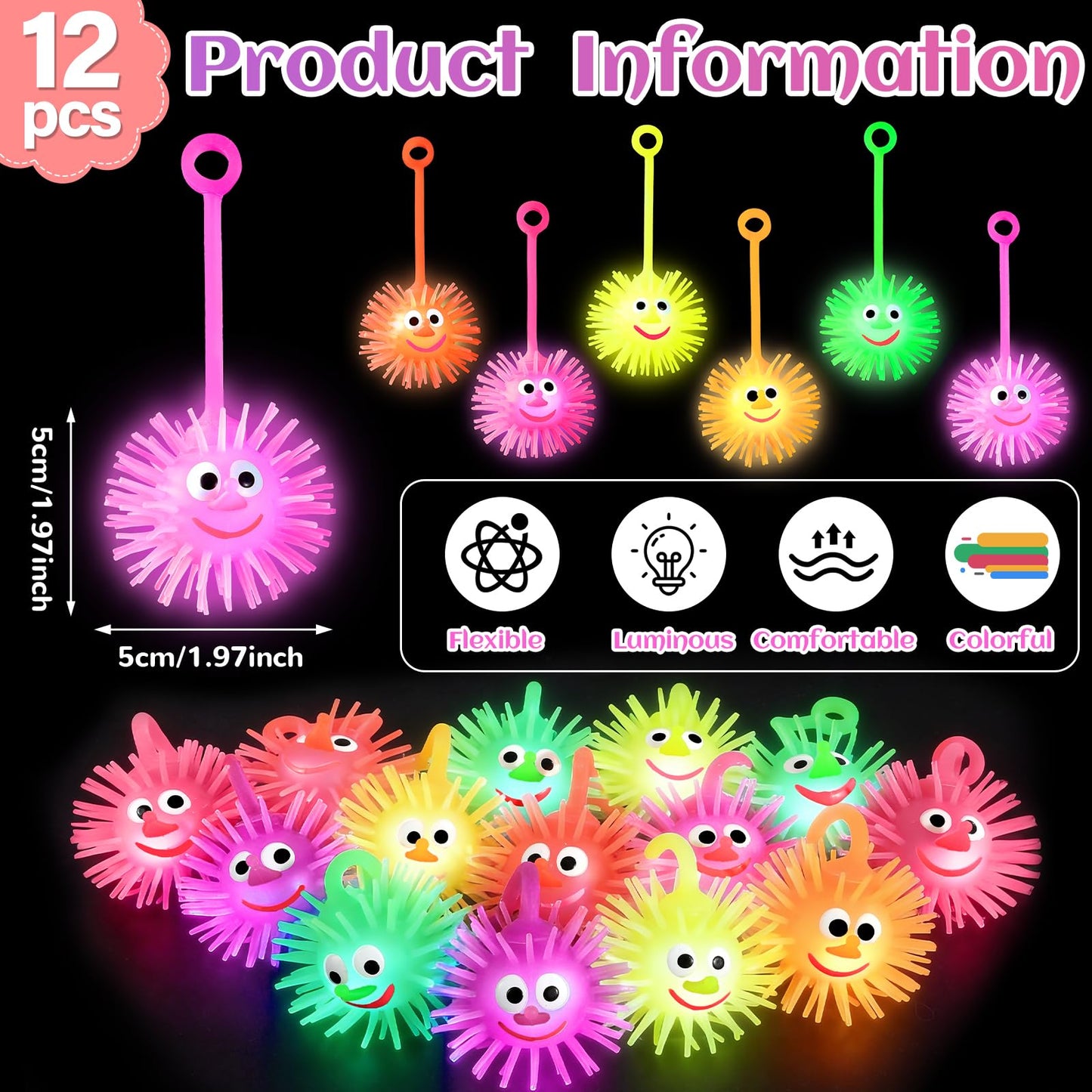ClassyWhimsy 24PCS LED Puffer Balls Bouncy Light Up Ball for Kids 4-12 Toy Stress Ball Flashing Sensory Puffer Toy Glow in The Dark for Classroom Stuffer Sprizes Bulk Kid Pinata Fillers Party Supplies